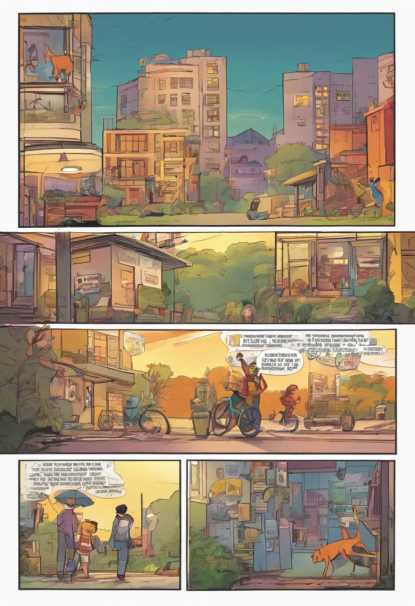 American comics, The comic story is presented in multiple irregular colored panels. American shorthair cats go through hardships when they run away from home,Then reunite with the host. The style is exaggerated and meticulous
