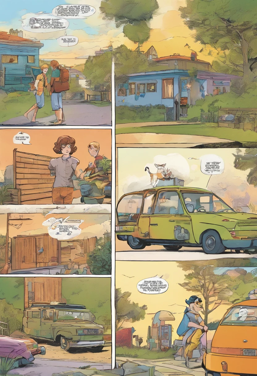 American comics, The comic story is presented in multiple irregular colored panels. American shorthair cats go through hardships when they run away from home,Then reunite with the host. The style is exaggerated and meticulous