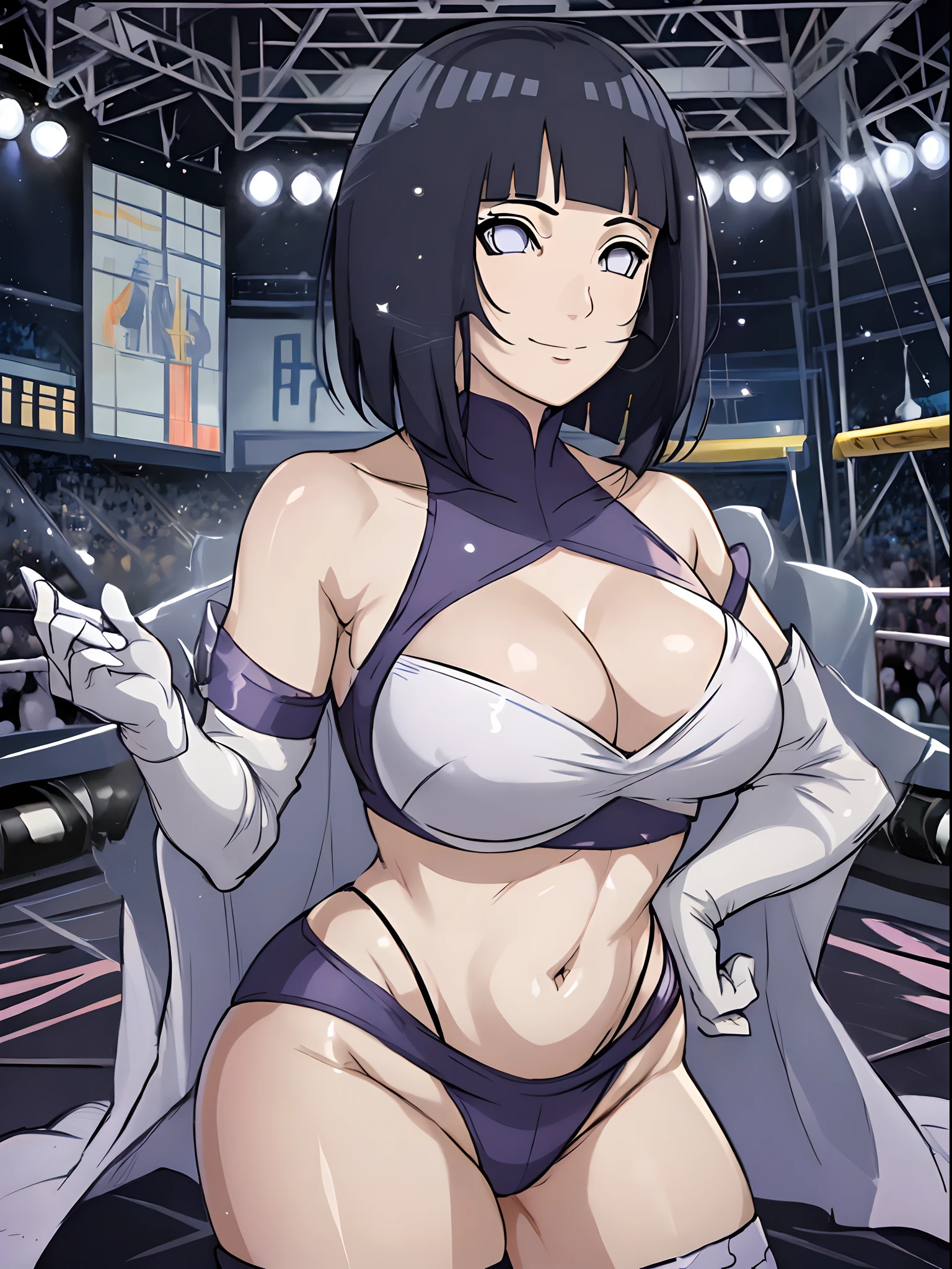 (ultra detailed body, ultra detailed face), ((solo, 1 girl)), anime style, hires, ((wrestling stage, (children watching))), (hinata\(boruto\), (female wrestler), (slender body, broad shoulders), mature woman, milf, (black, ultra detailed pro wrestling gear, long gloves), extremely gorgeous, (smile, closed mouth), (pale skin, shiny skin, lighting and shadow), (dark blue hair color:1.1), wavy hair, ((short hair, hime cut), big breasts, ((hands on hips)), (long belly), (very seductive), (perfect eyes, white sciera, bright eyes, white eyes, anime eyes)