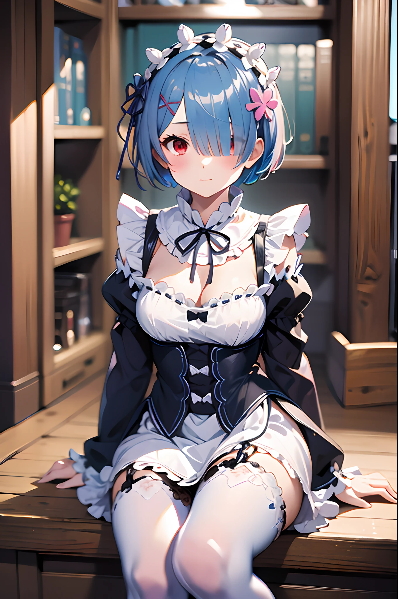 Masterpiece, Best quality, A high resolution, ram1, 1girll, Solo, REM \(re:Zero\), Blue hair, white thighhighs, Short hair, Red eyes, hair on one eye, Ribbon trim, Hair ribbon, x hair ornamen, frilld, maid headdress, waist apron, a garter belt, Black ribbon, Medium breasts, cleavage, Long sleeves, White apron, Neck ribbon, Purple ribbon, Wide sleeves, hair flower, Indoors, Sitting,