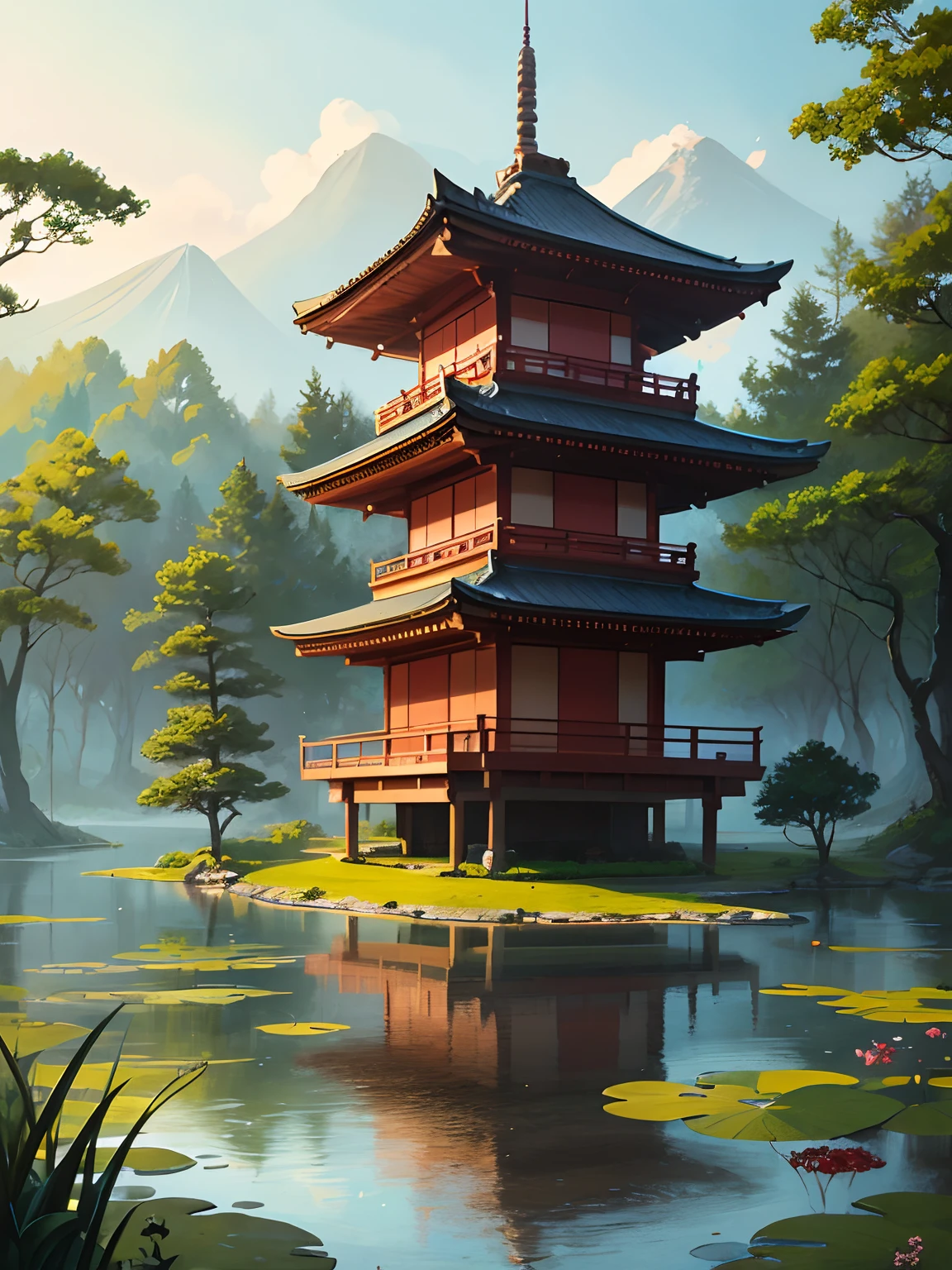 painting of a japanese house in a forest with a pond, beautiful digital artwork, andreas rocha style, inspired by Andreas Rocha, beautiful digital painting, digital painting of a pagoda, by Yang J, zen temple background, stunning digital painting, gorgeous digital painting, very beautiful digital art, a beautiful artwork illustration, quiet and serene atmosphere, japanese art style, serene illustration