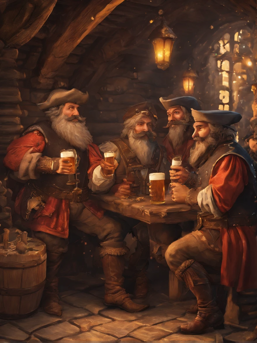 A group of bearded and mustachioed men in medieval Europe drinking beer in a tavern, long shot, 8k resolution , masterpiece