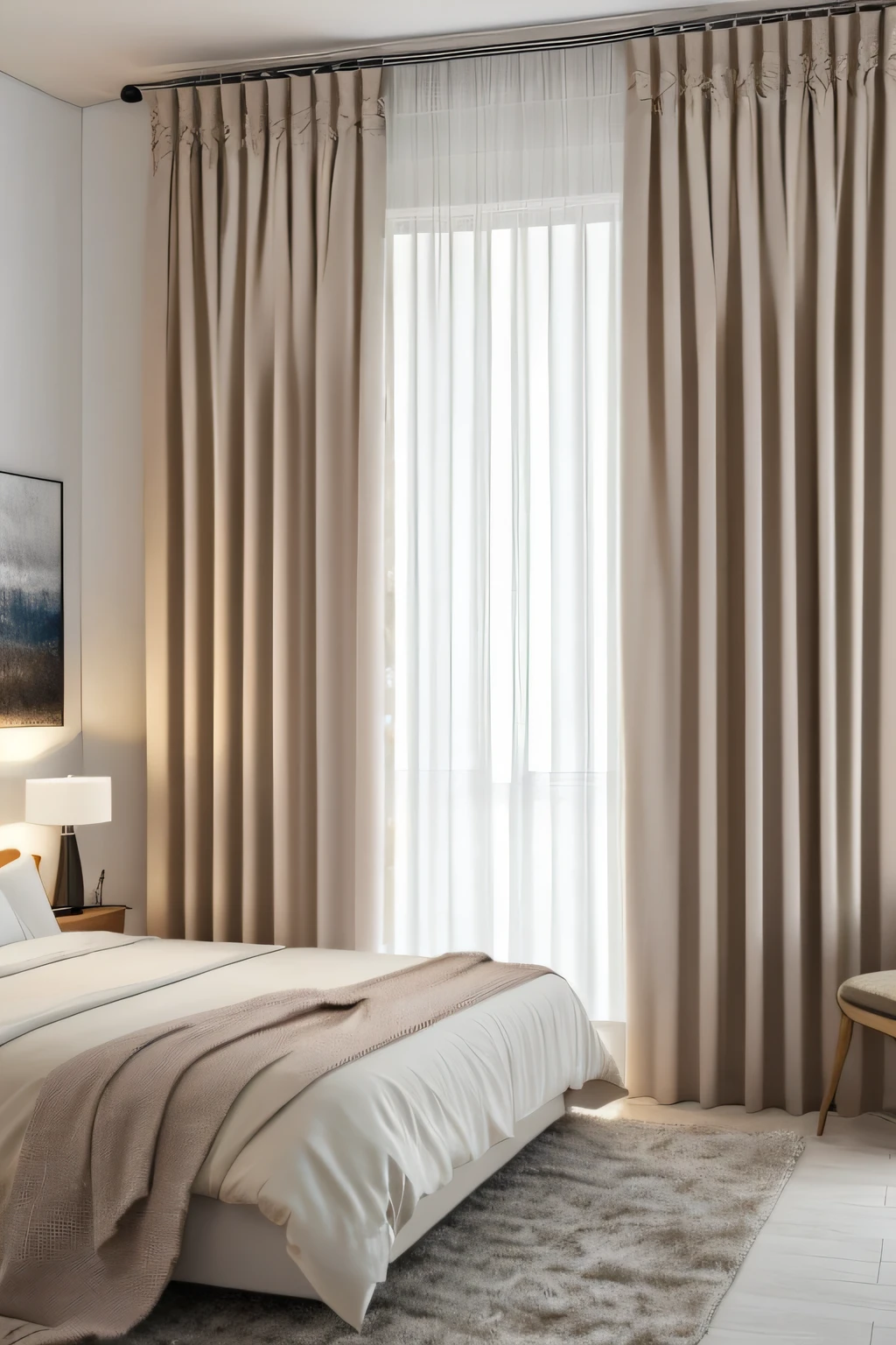 room, thick curtains, creamy white, large curtains, interior, interior design, modern, closed curtains, night, cozy, (masterpiece),(high quality), best quality, real, (realistic), super detailed, (full detail),(4k),8k