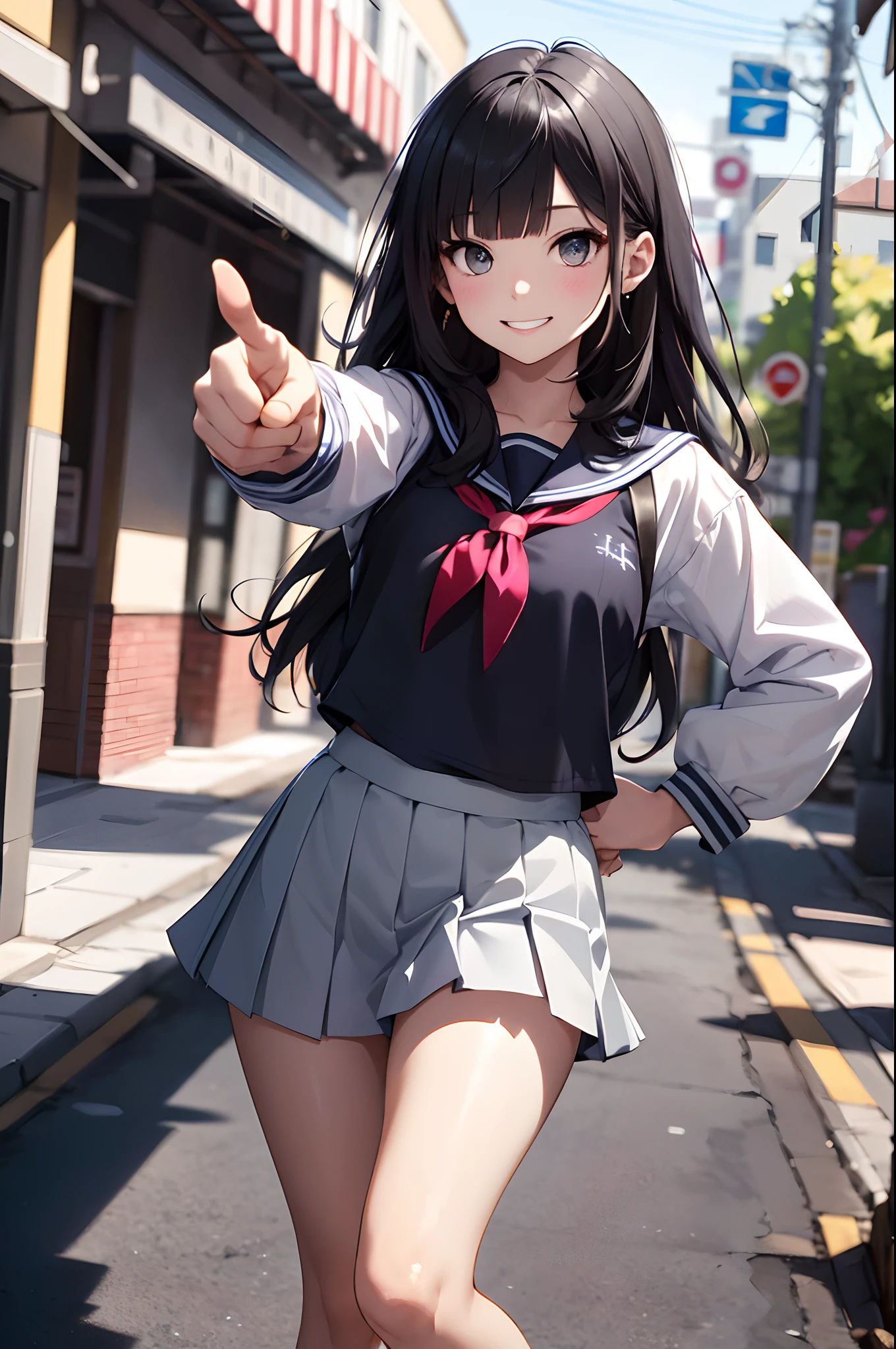 (tmasterpiece、top-quality、in 8K、32K、​masterpiece、nffsw、超A high resolution、Impresionismo、Photorealsitic:1.2)、Angle from above、High angle、Colossal tits、cowboy  shot, detailed faces and eyes、 school ground、Evening glow、beauitful face、blurry backround、-yeld beiful girl、shinny skin、long、Beautiful black hair、Blunt bangs、Invincible smile、Gray eyes、(Pointing with your right hand、Left hand on hip:1.2)、a sailor suit、Pleated miniskirt、Curve、Stand on one knee、Opening legs、Be yourself