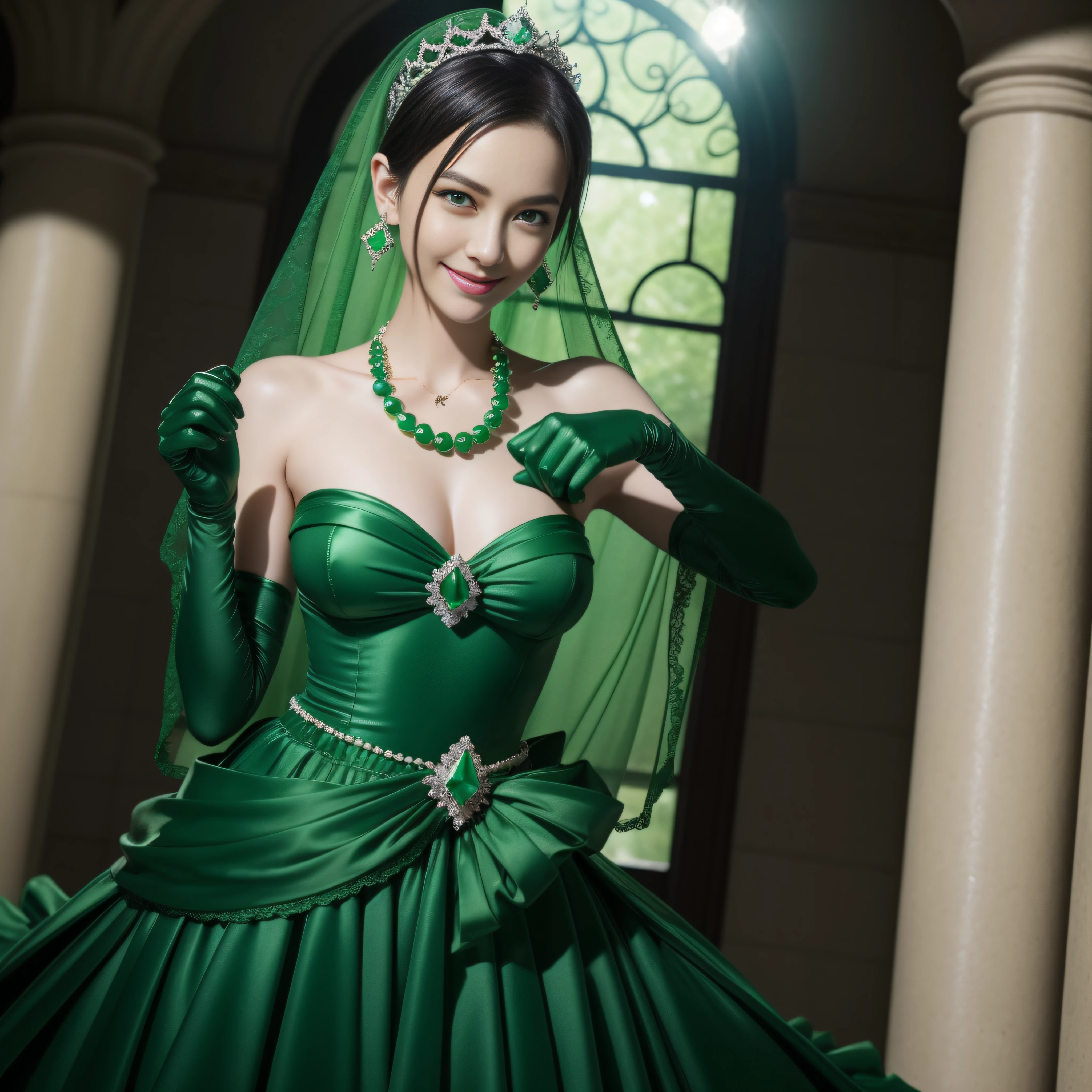 emerald tiara, Green Pearl Necklace, Boyish very short black hair, lipsticks, Japan woman smiling, very short short hair, big breasts beautiful, Green eyes, Long green gloves made of satin material, Green eyes, Emerald Earrings, The tattoo