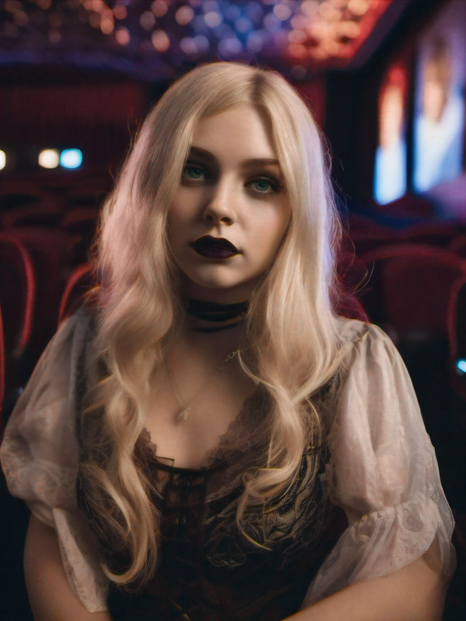 meium shot of a blonde gothic girl in a movie theatre, detailed background, dim lights