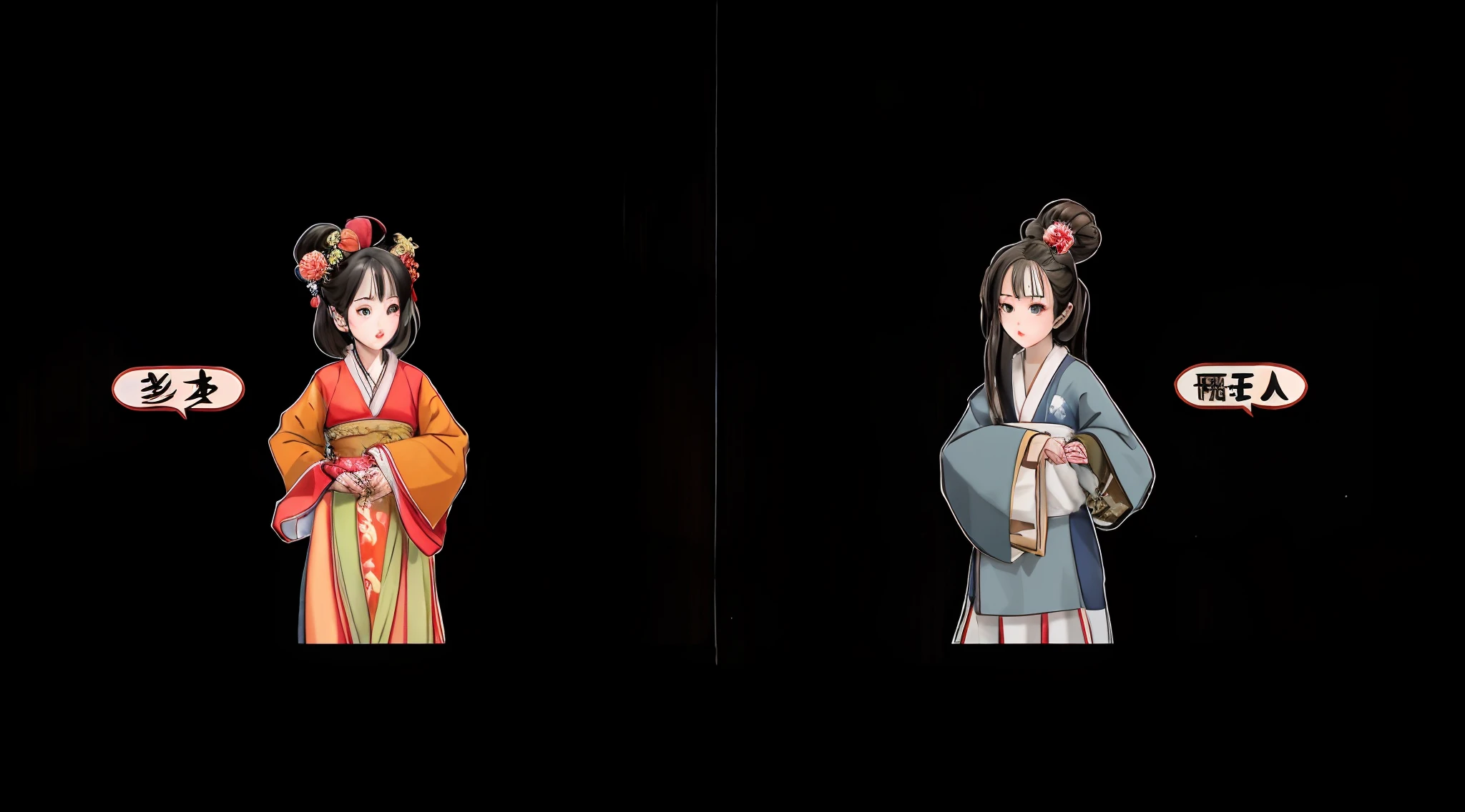 Three cartoon characters of Asian women wearing traditional clothes and hair, Japanese animation style, Two different characters, from sengoku period, maya fey from ace attorney, sengoku - era art style, ehime, Two characters, ace attorney style, medium shot of two characters, inspired by Baiōken Eishun, wearing a long flowing robe, dressed in simple robes