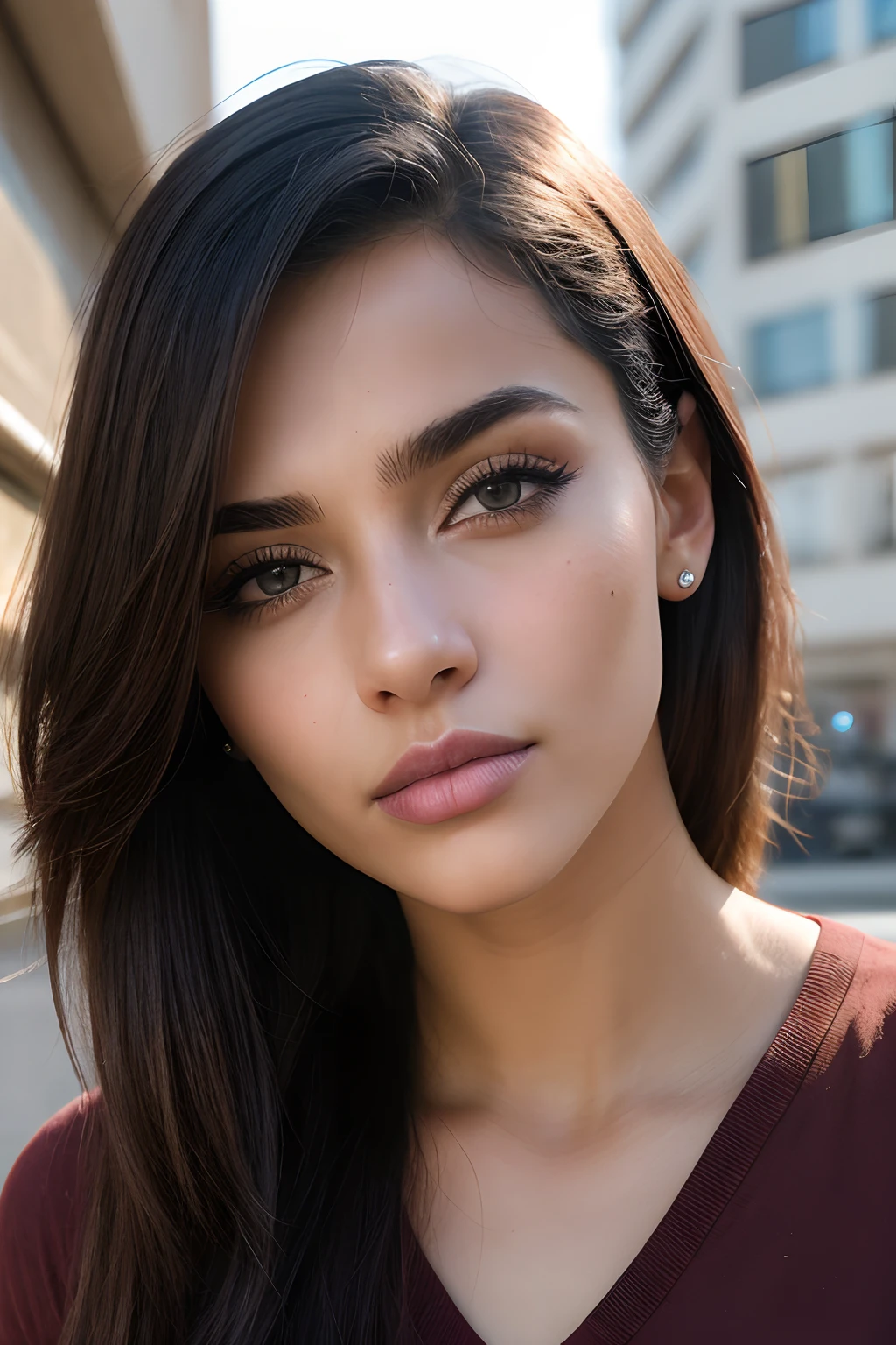 Mulher de Roma de 18 anos, olhos castanhos detalhados, vestindo capuz preto, camisa, cabelos pretos, fotografia do rosto do close-up, Natural lighting of the city, cores foscas, cabelos longos, Directed by: Greg Rutkowski,