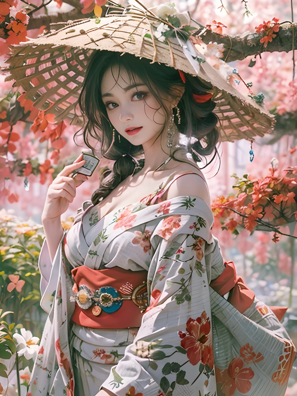 masutepiece, Best Quality, Illustration, Ultra-detailed, finely detail, hight resolution, 8K Wallpaper, Perfect dynamic composition, Beautiful detailed eyes, Kimono, Off-shoulder, cleavage, Full body