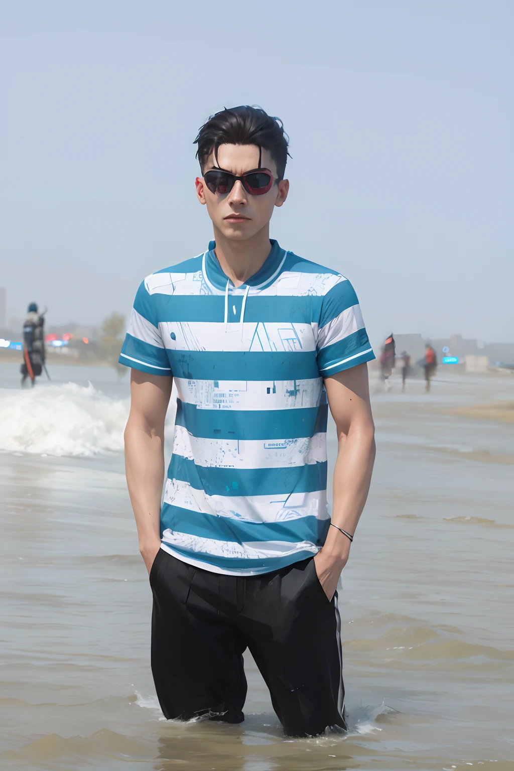 young asian man looking at camera in a blue polo shirt , seaside beach sunshine looking at the sea