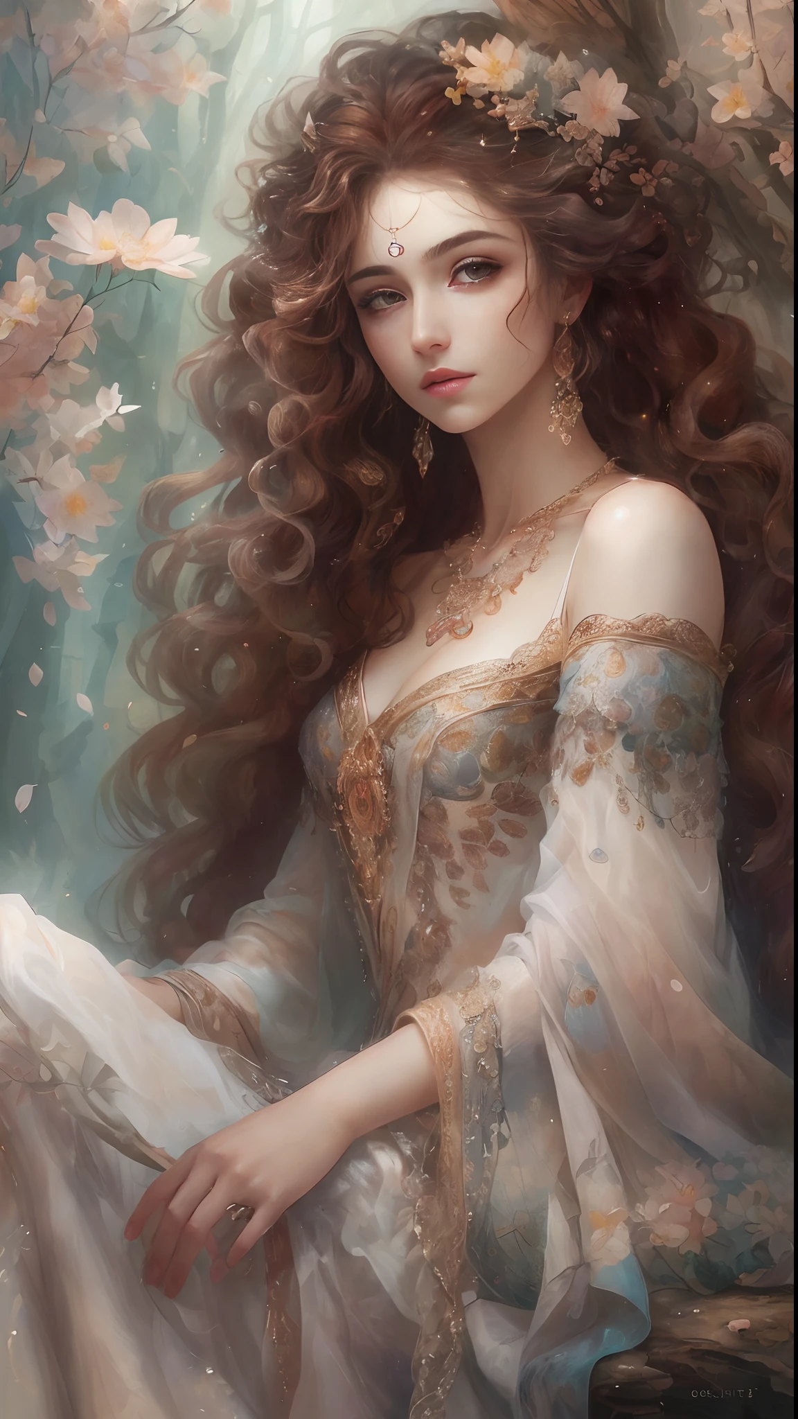 (Best quality, 4K, 8K, A high resolution, Masterpiece:1.2), Ultra-detailed, Realistic portrait of an aristocratic maiden, Exquisite facial features,Long brown curly hair details expressed, Graceful posture, Dreamy atmosphere, expressive brush strokes, mystical ambiance, Artistic interpretation,Delicately coiled hair,Floral jewelry with exquisite details,Small fresh aesthetics,Stunning intricate costumes, Fantasy illustration, Subtle colors and tones, mystical aura,The details have been upgraded