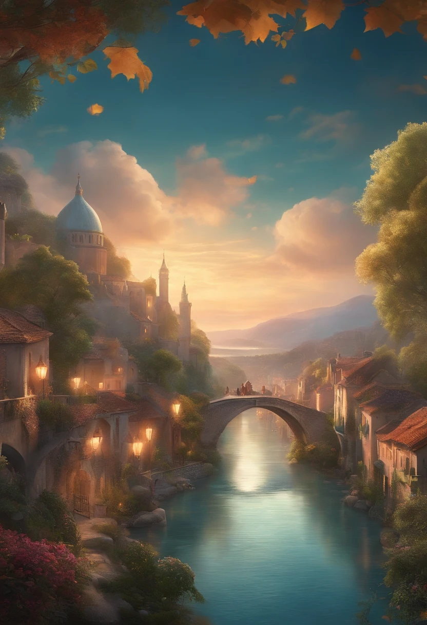 landscape,Beautiful detailed character design,Scenic sky and clouds,Dreamy atmosphere,Natural flowing water,Charming city lights,emotive storytelling,soft and muted colors,Ethereal tones,and a mesmerizing background soundtrack