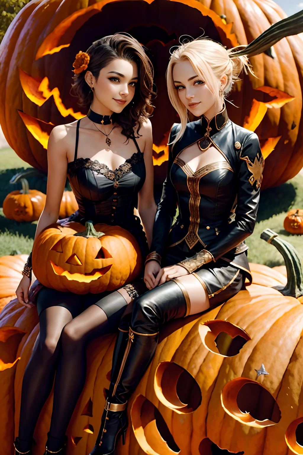 bust shot,a couple of lesbians sitting together on (giant pumpkin:1.4),fantastical world,fantasy,leering:1.3,elegant pose,xxmix girl womebrijes art style),