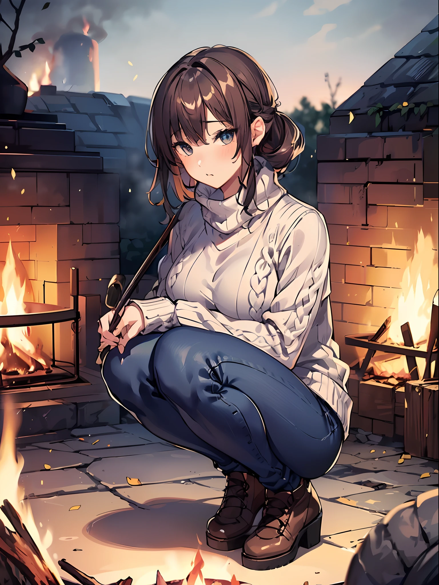 1 girl, (solo), ((sfw:1.25)), (matured woman), milf, ((beautiful detailed eyes:1.2, fine detailed face)), (dark mahogany medium short hair, updo, wavy hair), (wearing turtle neck sweater), ((detailed cable-knit sweater:1.2)), (navy blue skinny denim), with roasting skewered sweet potatoes over a bonfire, (squatting near bonfire with putting stick into the fire:1.25), looking at fire, (outdoor:1.2), in a garden, fallen leaves, (ultra high resolution:1.2, 8K RAW photo:1.3, super realistics, high detailed, masterpiece, clear focus, thin outline, textile shading), ((correct anatomy:1.2)), ((from center of front)), focusing fires,