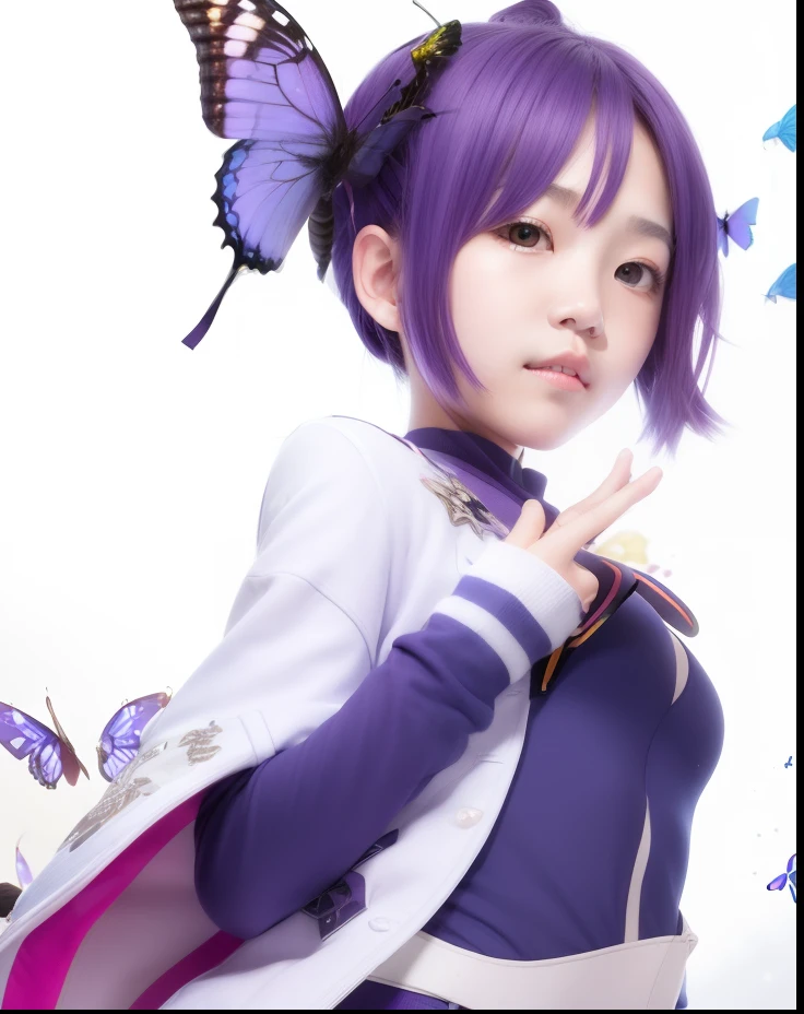 1girl, solo, Shinobu kocho, purple eyes, white jacket, purple clothes, Butterfly Accessories,