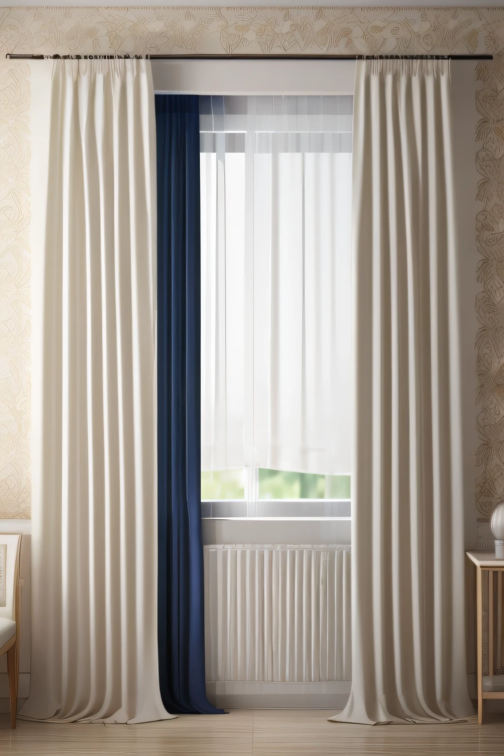 room, thick curtains, creamy white, large curtains, interior, interior design, modern, closed curtains, night, cozy, (masterpiece),(high quality), best quality, real, (realistic), super detailed, (full detail),(4k),8k