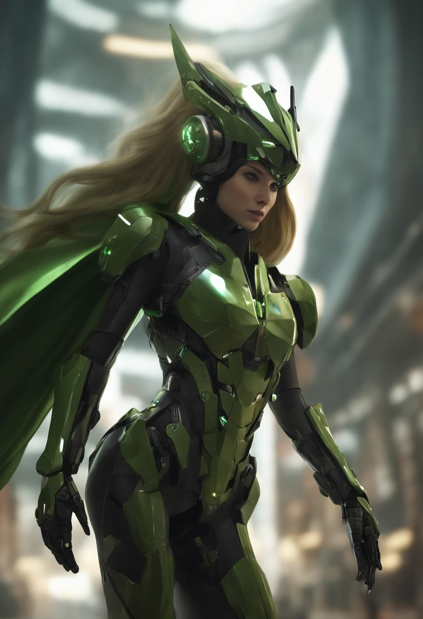 Maximum image quality, outstanding details, ultra high resolution, (Realism: 1.4), the best illustration, favor details, 1 very condensed girl, with a delicate and beautiful face, dressed in a black and green wick, wearing a mecha helmet, holding a directional controller, ride a motorcycle, the background is a high-tech lighting scene of the city of the future.