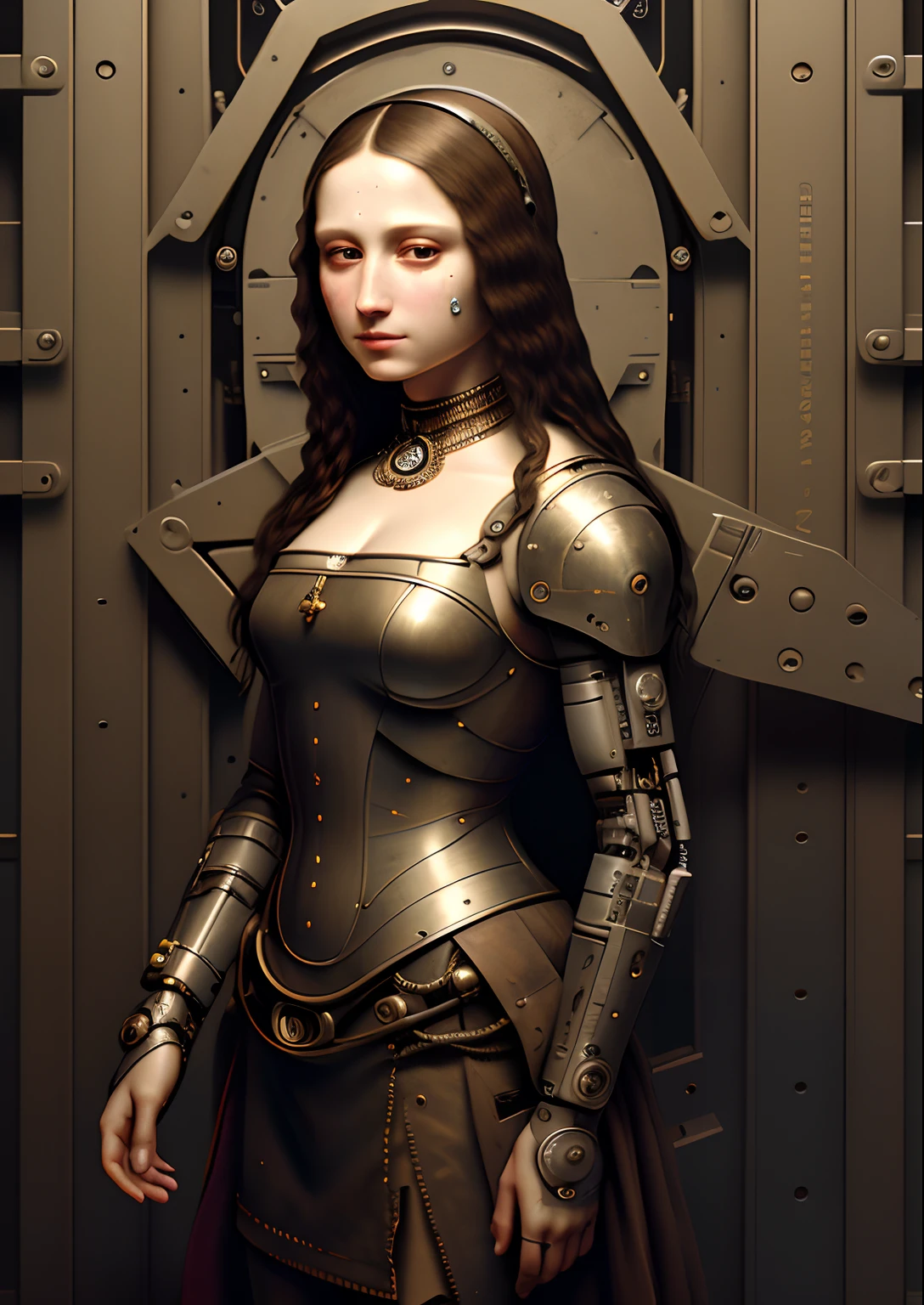 Portrait Mona Lisa by Leonardo da Vinci as a cyborg, crossing arm, mechanical body, bust up, cables on face, mecha, portrait, mechanical arms, cable join, ((visible cable joint)) , mechanical neck, ((gear)), mechanical hand, robotic skin, masterpiece, highest quality, high quality, highly detailed CG unit 8k wallpaper, award winning photo, bokeh, depth of field, HDR, flood, chromatic aberration, realistic, very detailed, art station trend, CGsociety trend, complex, high detail, dramatic, painting art, volumetric lighting, canvas