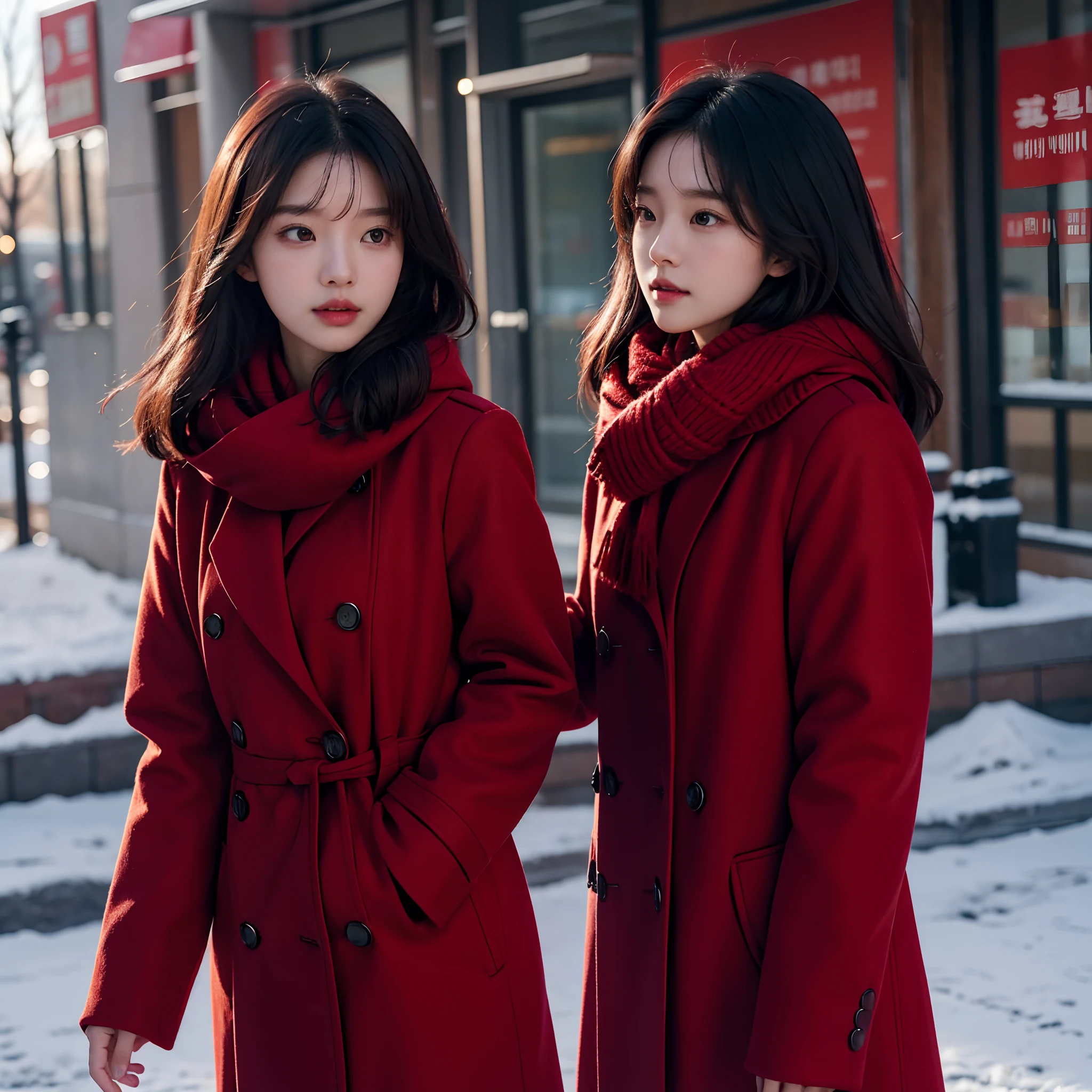 there is a woman with a red coat and a red scarf, jinyoung shin, heonhwa choe, janice sung, sha xi, wan adorable korean face, jaeyeon nam, chiho, headshot profile picture, sun yunjoo, ulzzang, lee ji - eun, lee ji-eun, she has a cute face