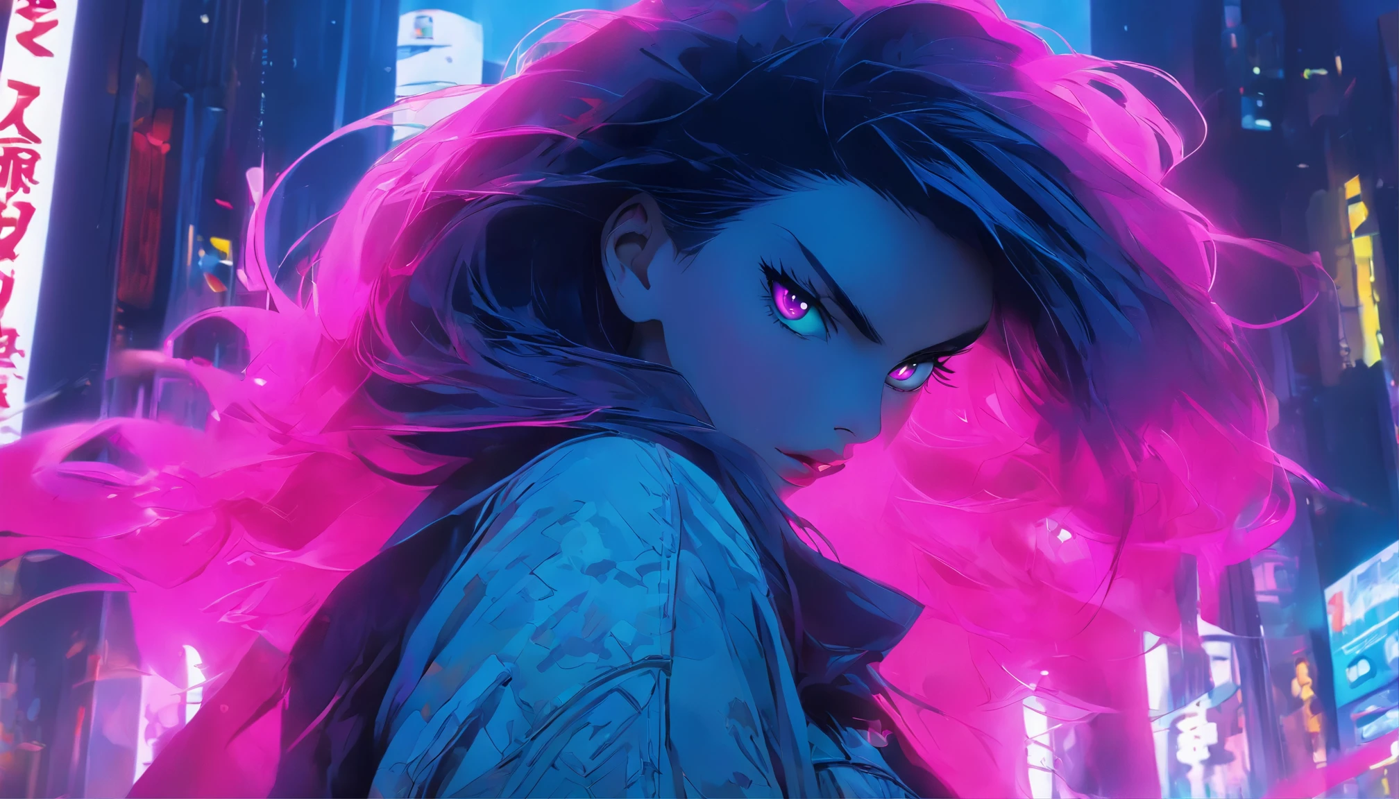 Masterpiece, Highest quality, (solofocus), (Perfect face:1.1), (High detail:1.1),Dramatic, 1人, (Pale skin), Long Black hair, Pink eyes, [Light eyebrows], Solo, Long hair, Moon, Night, denim luxury jacket, covered navel, pouty lips, Covered, Futuristic city, Detailed background, Art by Artgerm and Greg Rutkowski, Cinematic lighting, rosette, Fashion, BalenciagaStyle
