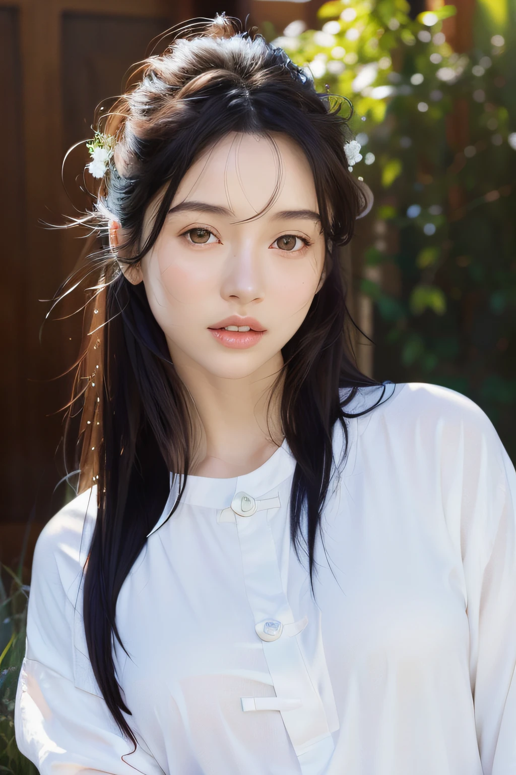 dressed, (photo realistic:1.4), (hyper realistic:1.4), (realistic:1.3),
(smoother lighting:1.05), (increase cinematic lighting quality:0.9), 32K,
1girl,20yo girl, realistic lighting, backlighting, light on face, ray trace, (brightening light:1.2), (Increase quality:1.4),
(best quality real texture skin), finely detailed eyes, finely detailed face,
(tired and sleepy and satisfied:0.0), face closeup, t-shirts,
(Increase body line mood:1.1), shiny skin