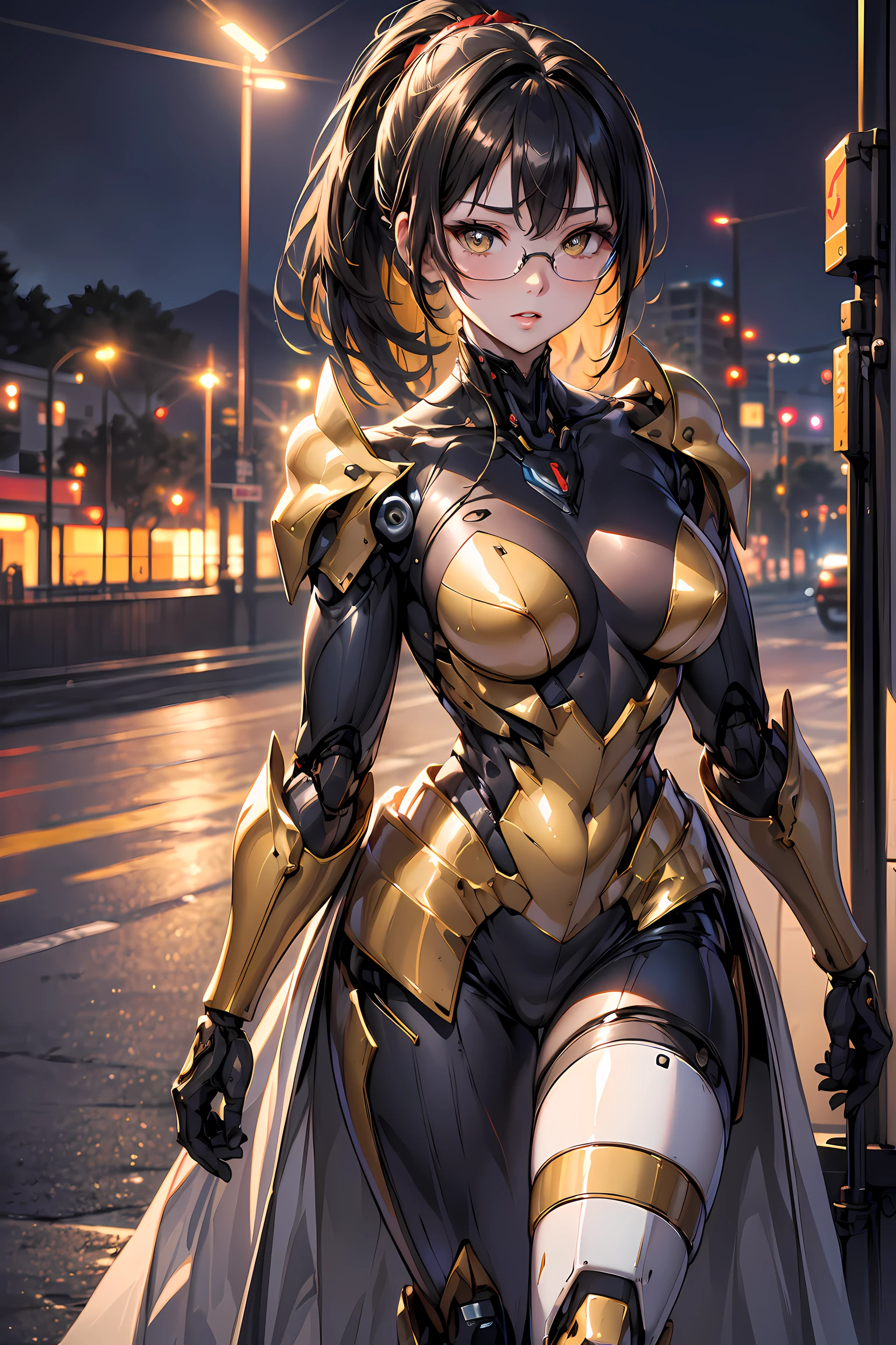 (1mecha girl:1.3, solo), (Audrey Hepburn:1.3), (a extremely pretty and beautiful Japanese woman), (sexy girl), (professional attire:1.3), (22 years old: 1.1), (walking on red carpet:1.3), (attractive random posing:1.3), (in the night royal party:1.3), (looking straight at you:1.3), (starring at you:1.3), (front view:1.3),  break, (ponytail:1.3), (shiny-black thin hair:1.2), bangs, dark brown eyes, beautiful eyes, princess eyes, (big eyes:1.3), bangs, wearing a glasses:1.3, Hair between eyes, short hair:1.3, (slender:1.1), (small-medium-breasts:0.95), (thin waist: 1.15), (detailed beautiful girl: 1.4), Parted lips, Red lips, full-make-up face, (shiny skin), ((Perfect Female Body)), (upper body image:1.3), Perfect Anatomy, Perfect Proportions, (most beautiful Korean actress face:1.3, extremely cute and beautiful Japanese actress face:1.3), BREAK, (View viewer, wearing a lovely bitch cordinate, (insanely detailed yellow cyborg body armor:1.3), (mecha cyborg armor:1.3), (pin-heels:1.3), detailed clothes, BREAK, (detailed royal night party background:1.2), (dark background), (Studio soft lighting: 1.3), (fake lights: 1.3), (backlight: 1.3), BREAK, (Realistic, Photorealistic: 1.37), (Masterpiece, Best Quality: 1.2), (Ultra High Resolution: 1.2), (RAW Photo: 1.2), (Sharp Focus: 1.3), (Face Focus: 1.2), (Ultra Detailed CG Unified 8k Wallpaper: 1.2), (Beautiful Skin: 1.2), (pale Skin: 1.3), (Hyper Sharp Focus: 1.5), (Ultra Sharp Focus: 1.5), (Beautiful pretty face: 1.3), (super detailed background, detail background: 1.3), Ultra Realistic Photo, Hyper Sharp Image, Hyper Detail Image,