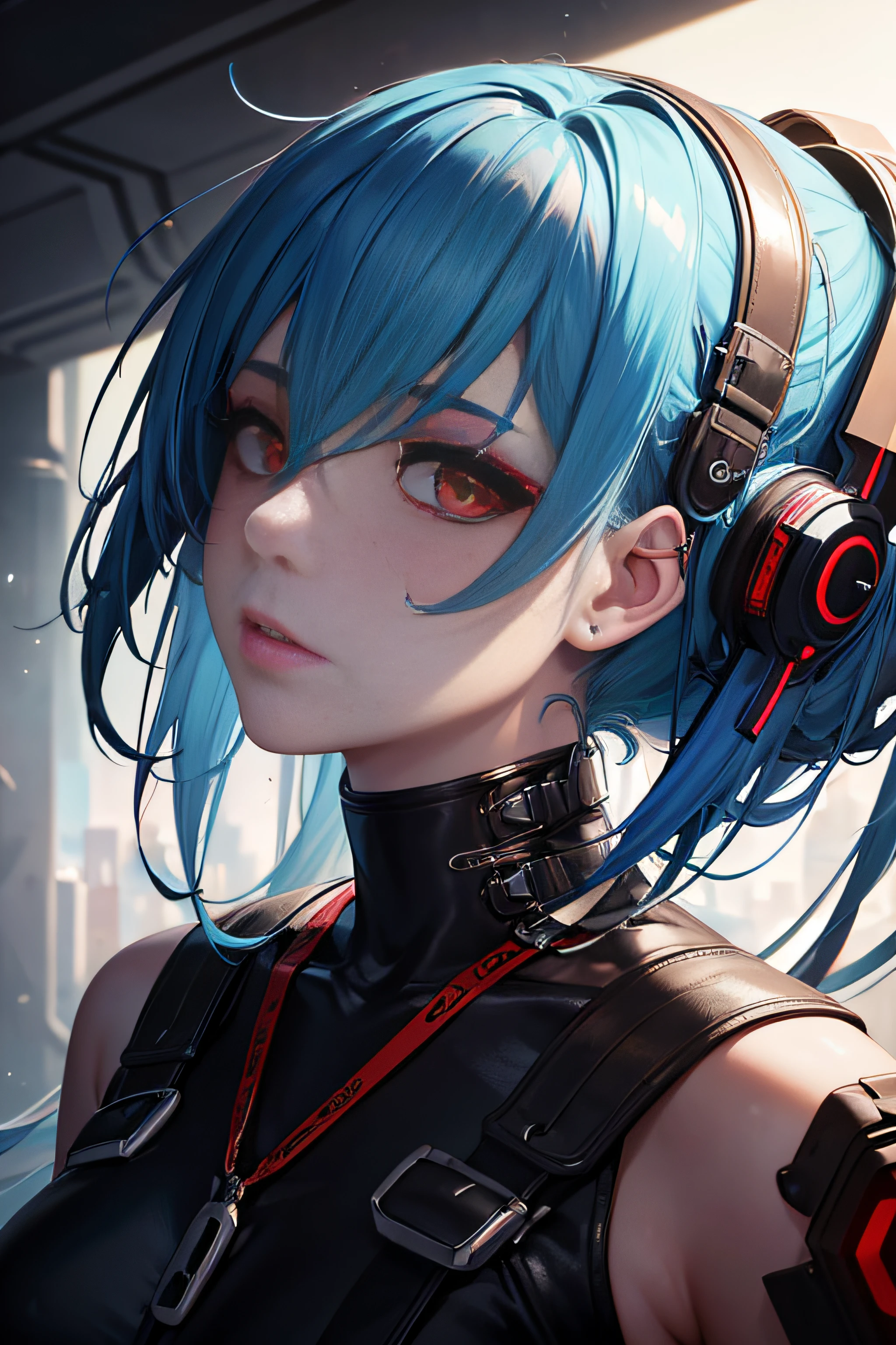 masterpiece, best quality, ultra high res, 1girl, (abstract art:1.4), bleeding color, visually stunning, beautiful, evocative, emotional, side view, colored sclera, brown eyes, light blue hair, Cyberpunk Fantasy, qigame, tutufc