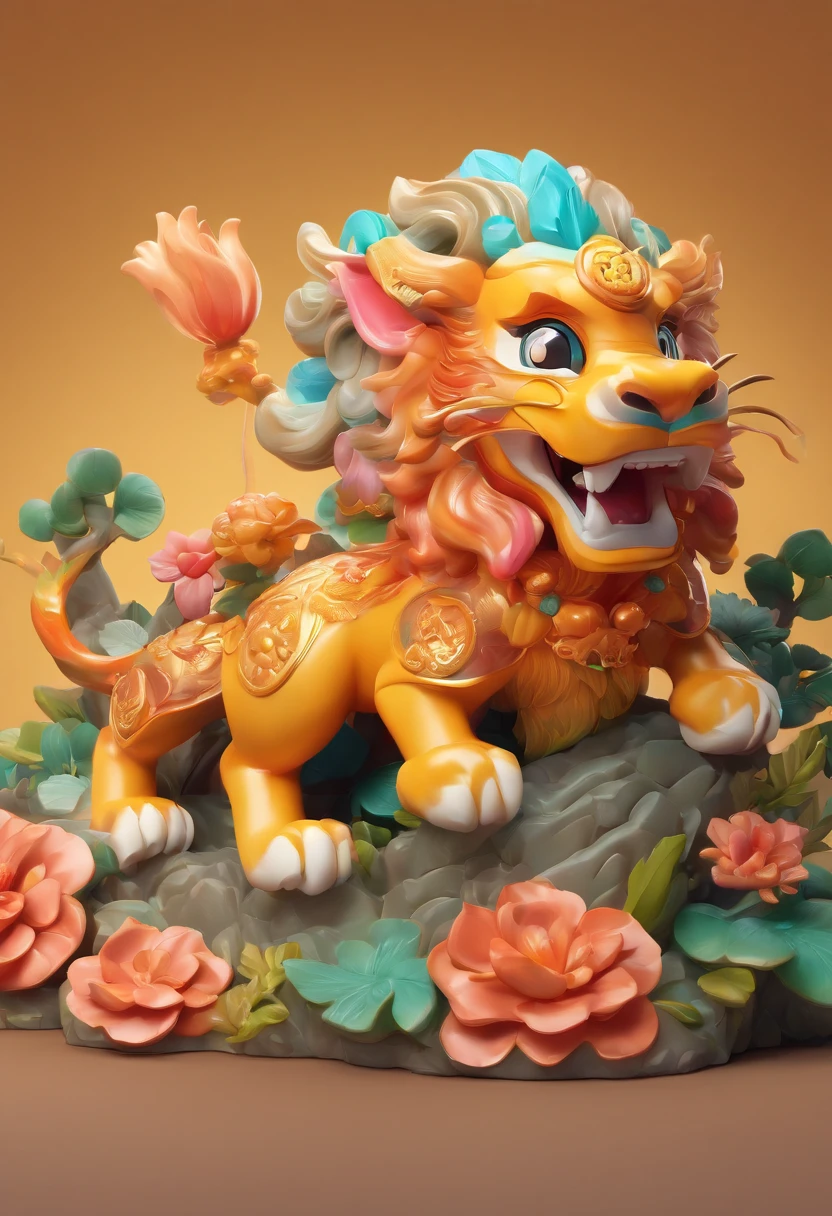 A cute cartoon IP, Blind box style, Chinese mythology Rui beast Pixiu, Shaped like a lion, Dragon Head, Horse body, Foot of the forest, Surrounded by auspicious Chinese clouds, solid color backdrop, Rich colors, Whole body, delicate picture quality, Looking into the distance, Off-white gemstone texture translucent, bright iridescent highlights, Clean and transparent,Natural lighting, oc rendered, 3D modeling, Jade texture, high-definition picture quality, 8K, solid color backdrop, Full body --AR 2:3 --Niji 5 --S 100 --Stylistic expression