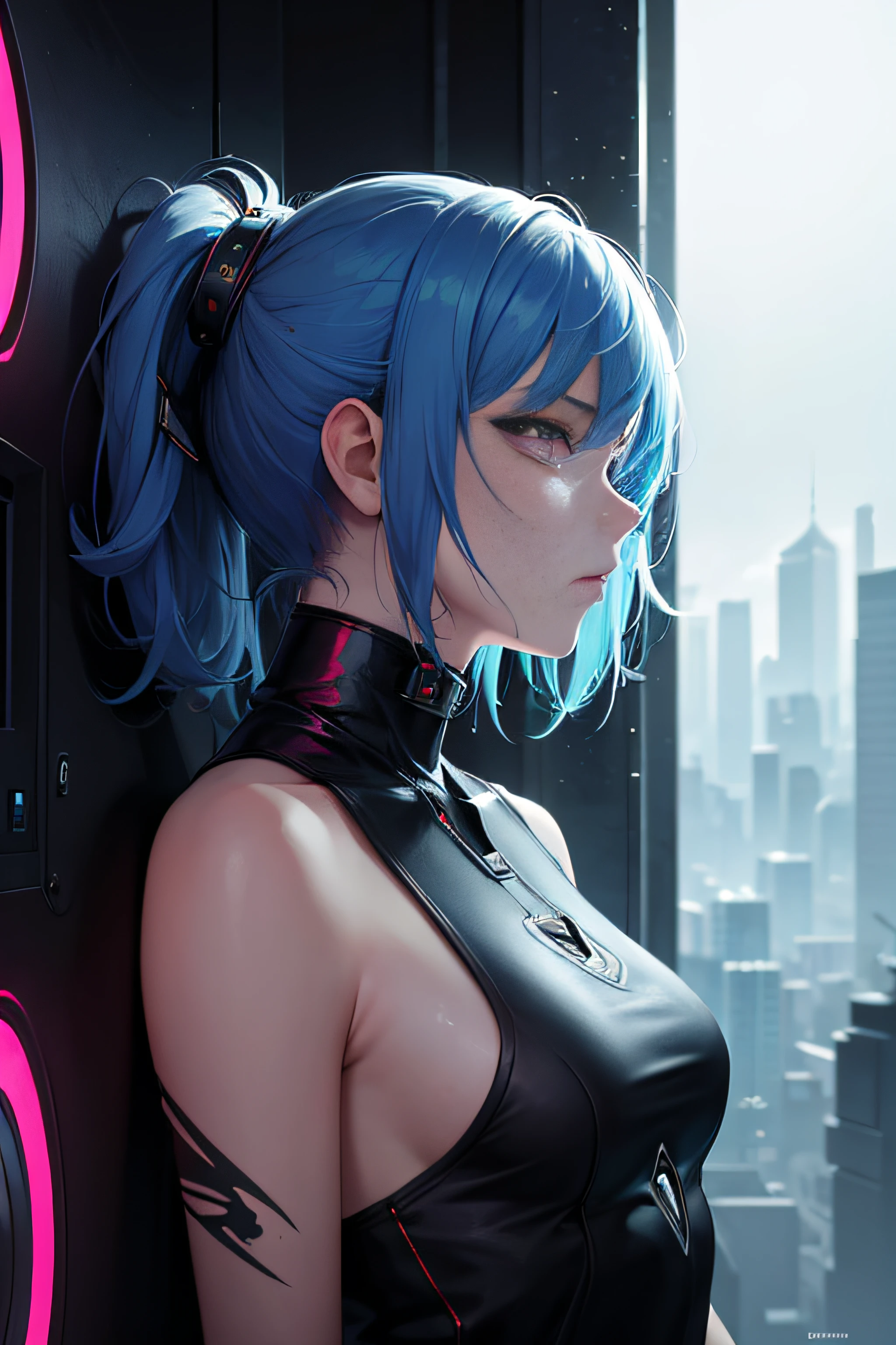 masterpiece, best quality, ultra high res, 1girl, (abstract art:1.4), bleeding color, visually stunning, beautiful, evocative, emotional, side view, colored sclera, brown eyes, light blue hair, Cyberpunk Fantasy, qigame, tutufc