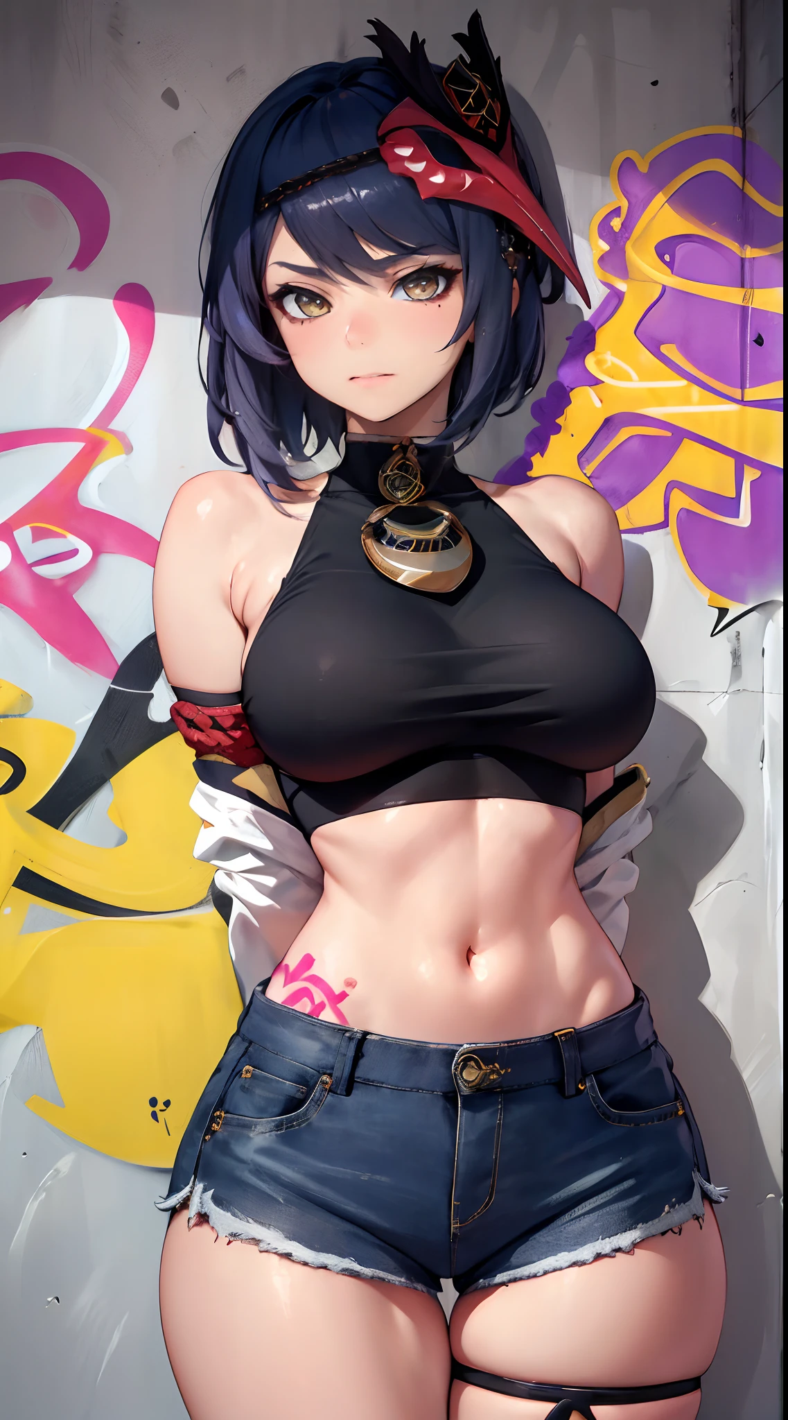 Kujou Sara Genshin Effect, masterpiece, bestquality, 1girls, oversized breasts, bara, crop top, shorts jeans, choker, (Graffiti:1.5), Splash with purple lightning pattern., arm behind back, against wall, View viewers from the front., Thigh strap, Head tilt, bored, water eyes,