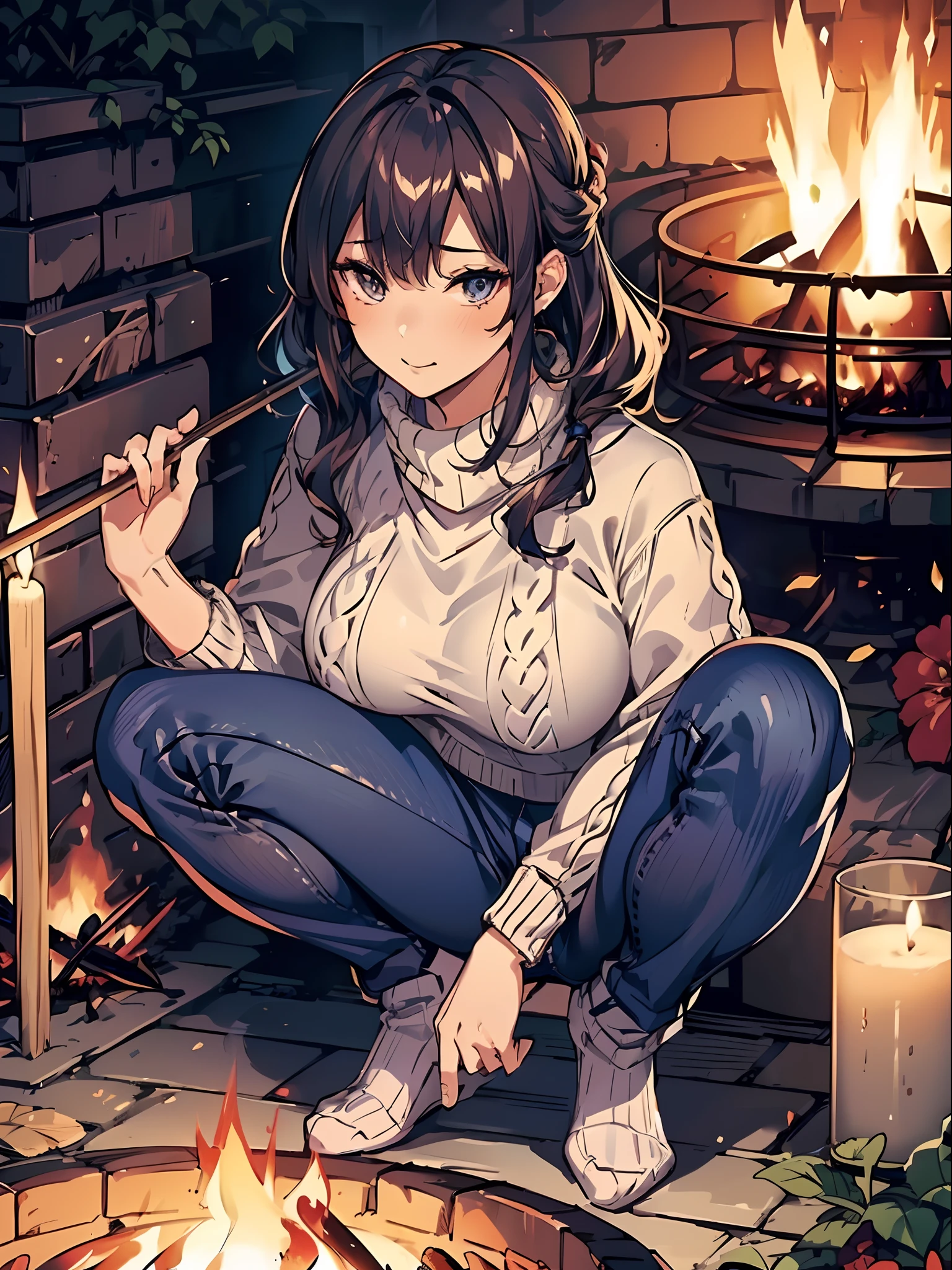 1 girl, (solo), ((sfw:1.25)), (matured woman), milf, ((beautiful detailed eyes:1.2, fine detailed face)), (dark mahogany medium short hair, updo, wavy hair), (wearing turtle neck sweater), ((detailed cable-knit sweater:1.2)), (navy blue skinny denim), with roasting skewered sweet potatoes over a bonfire, (squatting near bonfire with putting stick into the fire:1.25), looking at fire, (outdoor:1.2), in a garden, fallen leaves, (ultra high resolution:1.2, 8K RAW photo:1.3, super realistics, high detailed, masterpiece, clear focus, thin outline, textile shading), ((correct anatomy:1.2)), ((from center of front)), focusing fires,