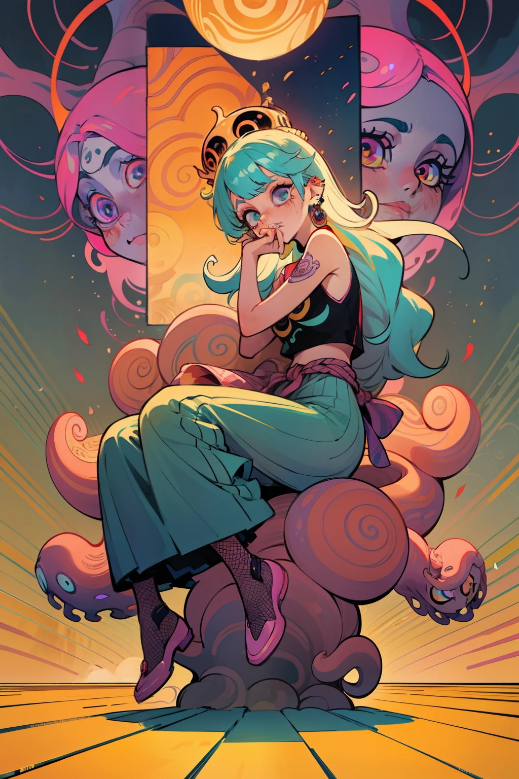 full denim, full body, raised legs, relaxing on a throne, lonh floor lenght hair curly hair, punk outfit, KPOP outfit, hairstyles, color schemes golden yellow and pink, large ribbons and bows, curtains, aquarium, glowing elements, light effects, light rays, back lighting, warm back light, background is just pillows, octopus tentacles wrapping around the pillows, and curtains, window with a view, extremely long braided hair, large crown, flowers, octapus tentacles, tattoos, piercings, fishnets, skirt, and tank top, y2k, white water, underwater with fishes everywhere holding breath eating fish, Ultra maniac anime manga style theme (nana manga) Kamikaze kaitoujin, full body high quality 4k illustration, ceiling view pose girl looking into camera from a white bedsheet and blood splatter, Junji ito style, (uzumaki, lit. "Spiral") is a Japanese horror manga series written and illustrated by Junji Ito, horror illustration, (uzumaki) (tomie) (a girl,beauty,2girls,3girls)cool detailed eyes,beautiful detailed lips,extremely detailed eyes and face,longeyelashes,colorful hair,confident smile,stylish outfit, earrings (yummy) food in a dynamic pose(aesthetic style),vibrant colors,street-art inspired background,urban lighting, pearly white and oranget, horror Comic book. White hair streaks, aqua blue hair, hair with a lot of flow and blonde, city scape, clothes, lingerie laying on the floor,