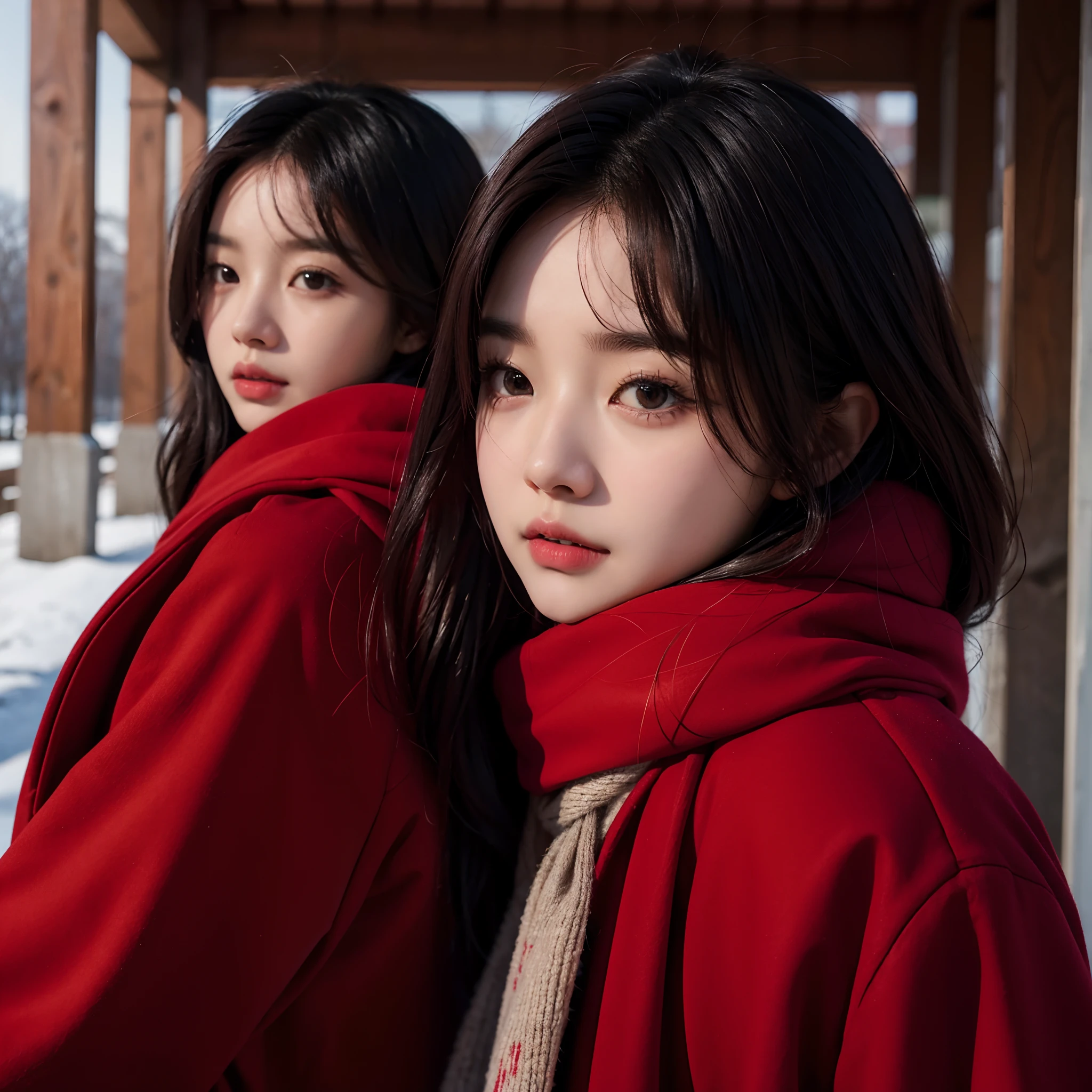 there is a woman with a red coat and a red scarf, jinyoung shin, heonhwa choe, janice sung, sha xi, wan adorable korean face, jaeyeon nam, chiho, headshot profile picture, sun yunjoo, ulzzang, lee ji - eun, lee ji-eun, she has a cute face