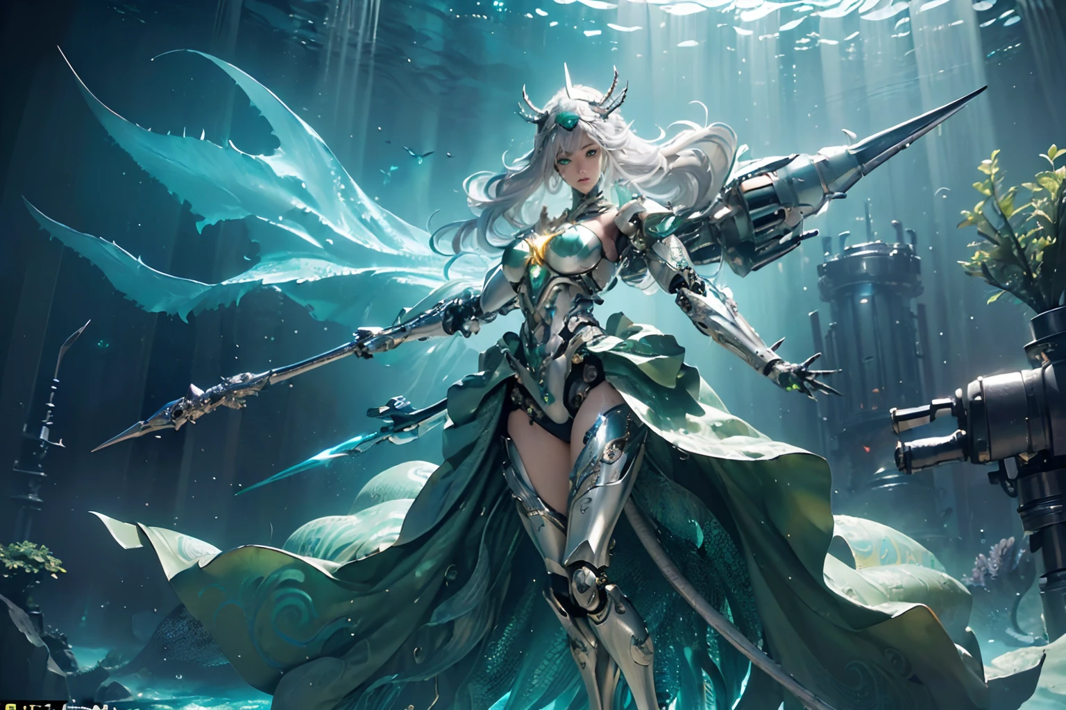 (2.5d anime illustration), a person who moves forward without fear of making mistakes, ((mechanical girl, grip tightly a glowing trident spear:1.1)), (((mechanical cyborg body and arms:1.4))), (((fused mechanism and mythical mechanical))), (((metallic glowing silver hair swaying in the wind,ornate body))), swim, swirling vortexes, swirling vortexes speed shine line, (((intricate underwater world background detail:1.3))), (((masterpiece:1.3))), (insane details:1.3), (((best quality:1.3))), (((top quality:1.3))), ((intricate detailed detail):1.3), (intricate detailed texture:1.3), (tonal contrast):1.2, concept art, official art, glitter lighting, ((epic trance:1.1)), beautiful, hate core, unreal engine 5, intricate detail face, (beautiful face and eyes intricate detailed:1.1), glass paint, absurd resolution, ((green monitor goggles:1.3)), glow wave, mermaid inspired, (fused legs and tail fin:1.3),