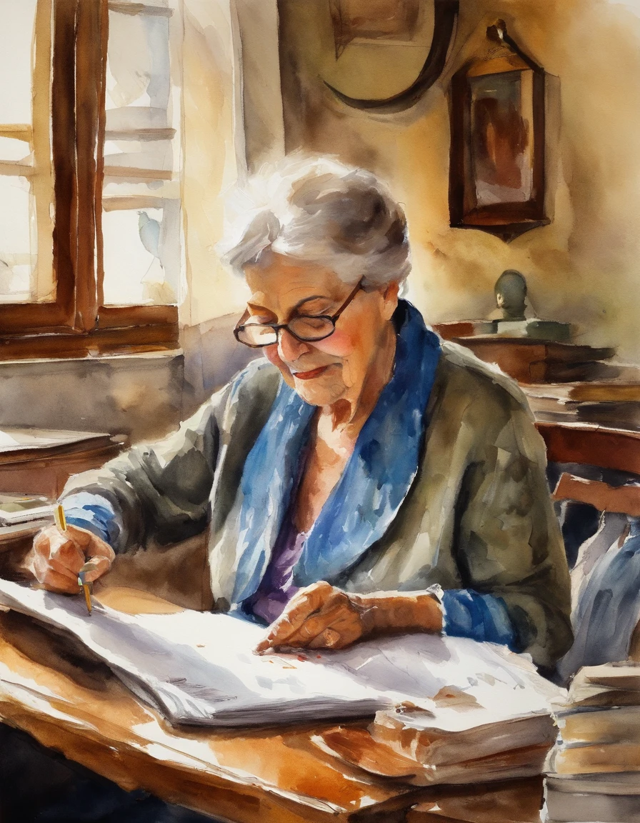 Elderly grandmother grading homework on desk,Thick painting style、Old woman playing guitar、