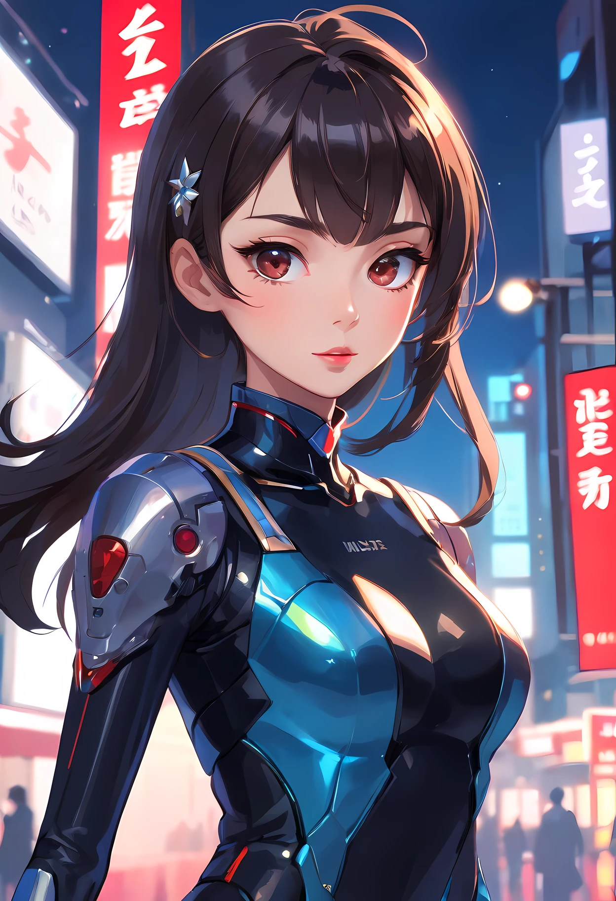 (1mecha girl:1.3, solo), (Audrey Hepburn:1.3), (a extremely pretty and beautiful Japanese cyborg girl), (sexy girl), (professional attire:1.3), (22 years old: 1.1), (walking on red carpet:1.3), (attractive random posing:1.3), (in the night royal party:1.3), (looking straight at you:1.3), (starring at you:1.3), (front view:1.3), (from side:1.3), break, (ponytail:1.3), (shiny-black thin hair:1.2), bangs, dark brown eyes, beautiful eyes, princess eyes, (big eyes:1.3), bangs, wearing a glasses:1.3, Hair between eyes, short hair:1.3, (slender:1.1), (small-medium-breasts:0.95), (thin waist: 1.15), (detailed beautiful girl: 1.4), Parted lips, Red lips, full-make-up face, (shiny skin), ((Perfect Female Body)), (upper body image:1.3), Perfect Anatomy, Perfect Proportions, (most beautiful Korean actress face:1.3, extremely cute and beautiful Japanese actress face:1.3), BREAK, (View viewer, wearing a lovely bitch cordinate, (insanely detailed cyborg bodysuit:1.3), (blue metallic armor:1.3), (pin-heels:1.3), detailed clothes, BREAK, (detailed royal night party background:1.2), (dark background), (Studio soft lighting: 1.3), (fake lights: 1.3), (backlight: 1.3), BREAK, (Realistic, Photorealistic: 1.37), (Masterpiece, Best Quality: 1.2), (Ultra High Resolution: 1.2), (RAW Photo: 1.2), (Sharp Focus: 1.3), (Face Focus: 1.2), (Ultra Detailed CG Unified 8k Wallpaper: 1.2), (Beautiful Skin: 1.2), (pale Skin: 1.3), (Hyper Sharp Focus: 1.5), (Ultra Sharp Focus: 1.5), (Beautiful pretty face: 1.3), (super detailed background, detail background: 1.3), Ultra Realistic Photo, Hyper Sharp Image, Hyper Detail Image,