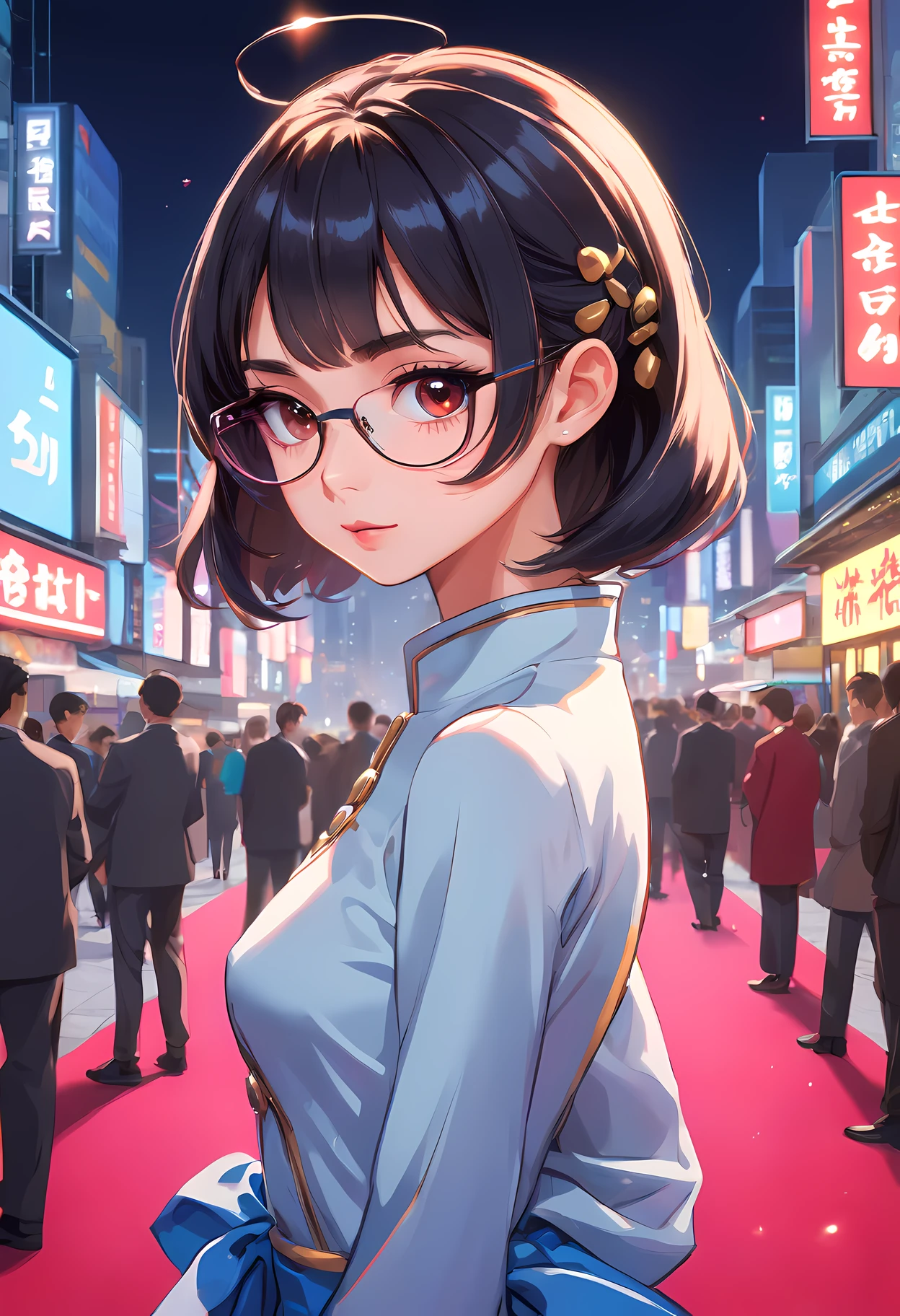 (1mecha girl:1.3, solo), (Audrey Hepburn:1.3), (a extremely pretty and beautiful Japanese cyborg girl), (sexy girl), (professional attire:1.3), (22 years old: 1.1), (walking on red carpet:1.3), (attractive random posing:1.3), (in the night royal party:1.3), (looking straight at you:1.3), (starring at you:1.3), (front view:1.3), (from side:1.3), break, (ponytail:1.3), (shiny-black thin hair:1.2), bangs, dark brown eyes, beautiful eyes, princess eyes, (big eyes:1.3), bangs, wearing a glasses:1.3, Hair between eyes, short hair:1.3, (slender:1.1), (small-medium-breasts:0.95), (thin waist: 1.15), (detailed beautiful girl: 1.4), Parted lips, Red lips, full-make-up face, (shiny skin), ((Perfect Female Body)), (upper body image:1.3), Perfect Anatomy, Perfect Proportions, (most beautiful Korean actress face:1.3, extremely cute and beautiful Japanese actress face:1.3), BREAK, (View viewer, wearing a lovely bitch cordinate, (insanely detailed cyborg bodysuit:1.3), (blue metallic armor:1.3), (pin-heels:1.3), detailed clothes, BREAK, (detailed royal night party background:1.2), (dark background), (Studio soft lighting: 1.3), (fake lights: 1.3), (backlight: 1.3), BREAK, (Realistic, Photorealistic: 1.37), (Masterpiece, Best Quality: 1.2), (Ultra High Resolution: 1.2), (RAW Photo: 1.2), (Sharp Focus: 1.3), (Face Focus: 1.2), (Ultra Detailed CG Unified 8k Wallpaper: 1.2), (Beautiful Skin: 1.2), (pale Skin: 1.3), (Hyper Sharp Focus: 1.5), (Ultra Sharp Focus: 1.5), (Beautiful pretty face: 1.3), (super detailed background, detail background: 1.3), Ultra Realistic Photo, Hyper Sharp Image, Hyper Detail Image,