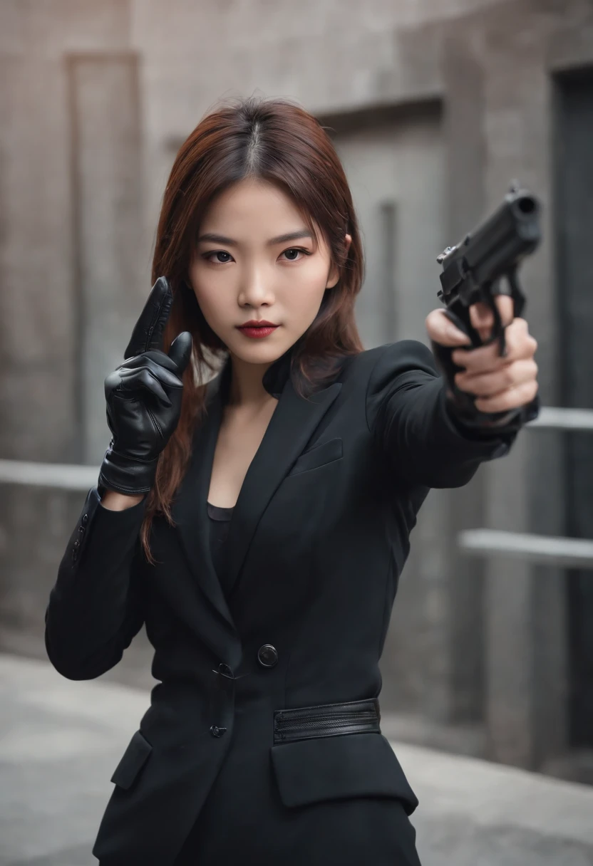 A Japanese girl in a black suit holding a gun with both hands in black leather gloves