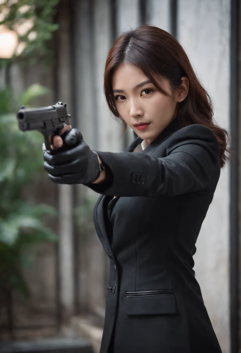 A Japanese girl in a black suit holding a gun with both hands in black leather gloves