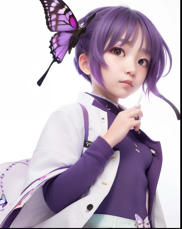 1girl, solo, Shinobu kocho, purple eyes, white jacket, purple clothes, Butterfly Accessories,