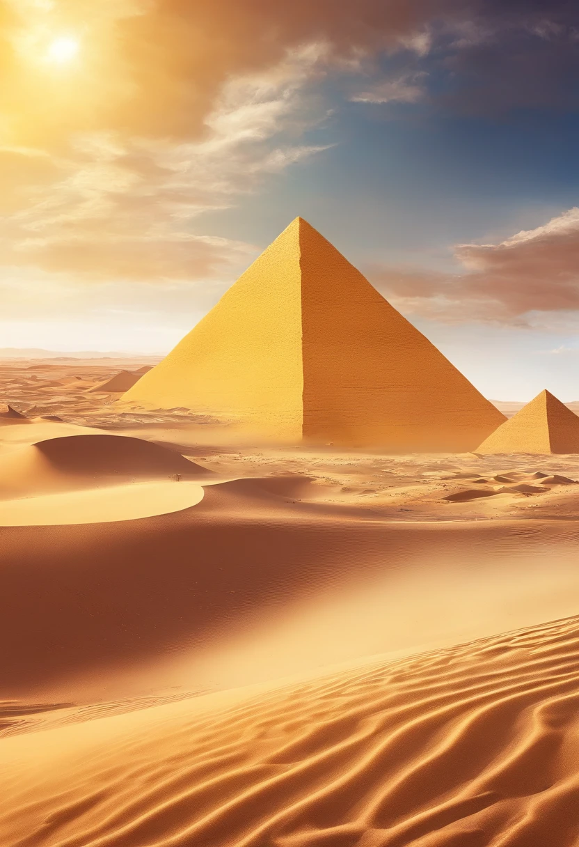 Yellow sand in the sky，The background is a vast desert, pyramid，the sphinx，digital landscape art, Detailed scenery —width 672, landscape artwork, environment design illustration, scenery art detailed, Desert oasis landscape, concept-art, 4k highly detailed digital art, 4 k digital painting, 4k digital painting, stunning digital illustration, Desert background, digital painting concept art, Detailed digital painting
