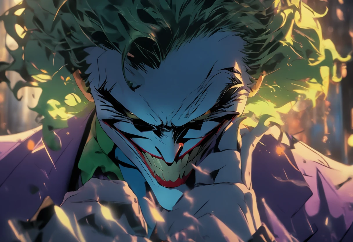 The Joker, a villain from the Batman film series, looks at himself in a broken mirror, in the style of Christopher Nolan, in dynamic, atmosphere of darkness and horror, dramatic light, highly detailed, packed with hidden details, hyper realistic, wallpaper portraits, colorful realism, realistic attention to detail, highly detailed,colorful realism, UHD, 8K