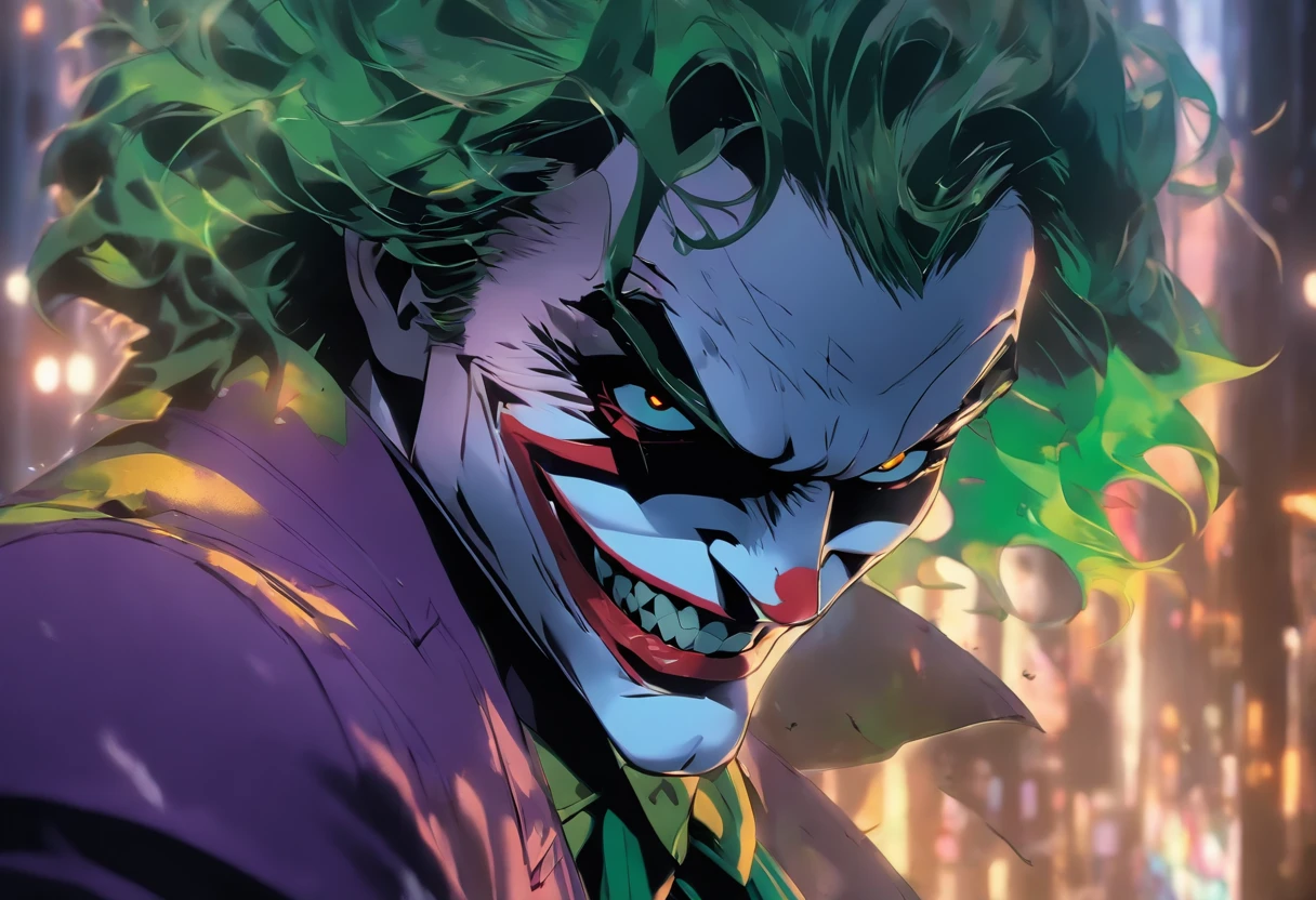 The Joker, a villain from the Batman film series, looks at himself in a broken mirror, in the style of Christopher Nolan, in dynamic, atmosphere of darkness and horror, dramatic light, highly detailed, packed with hidden details, hyper realistic, wallpaper portraits, colorful realism, realistic attention to detail, highly detailed,colorful realism, UHD, 8K