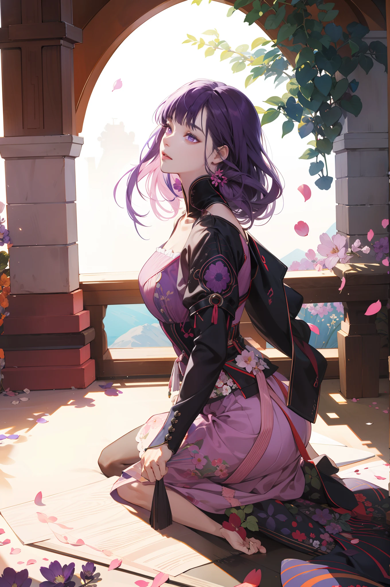 (absurdres, highres, ultra detailed), 1girl, mature female, wavy purple hair, long hair, blunt bangs, purple eyes, pink dress, finely detailed eyes and detailed face, extremely detailed CG unity 8k wallpaper, intricate details, BREAK , kaleidoscopic imagery, symmetrical patterns, vibrant colors, geometric shapes, mesmerizing designs, optical illusions, dynamic composition BREAK , pantomime art, expressive body language, silent storytelling, evocative gestures, visual narratives, theatrical performances BREAK , blooming flowers, colorful petals, fragrant scents, nature's bounty, vibrant gardens, peaceful scenery