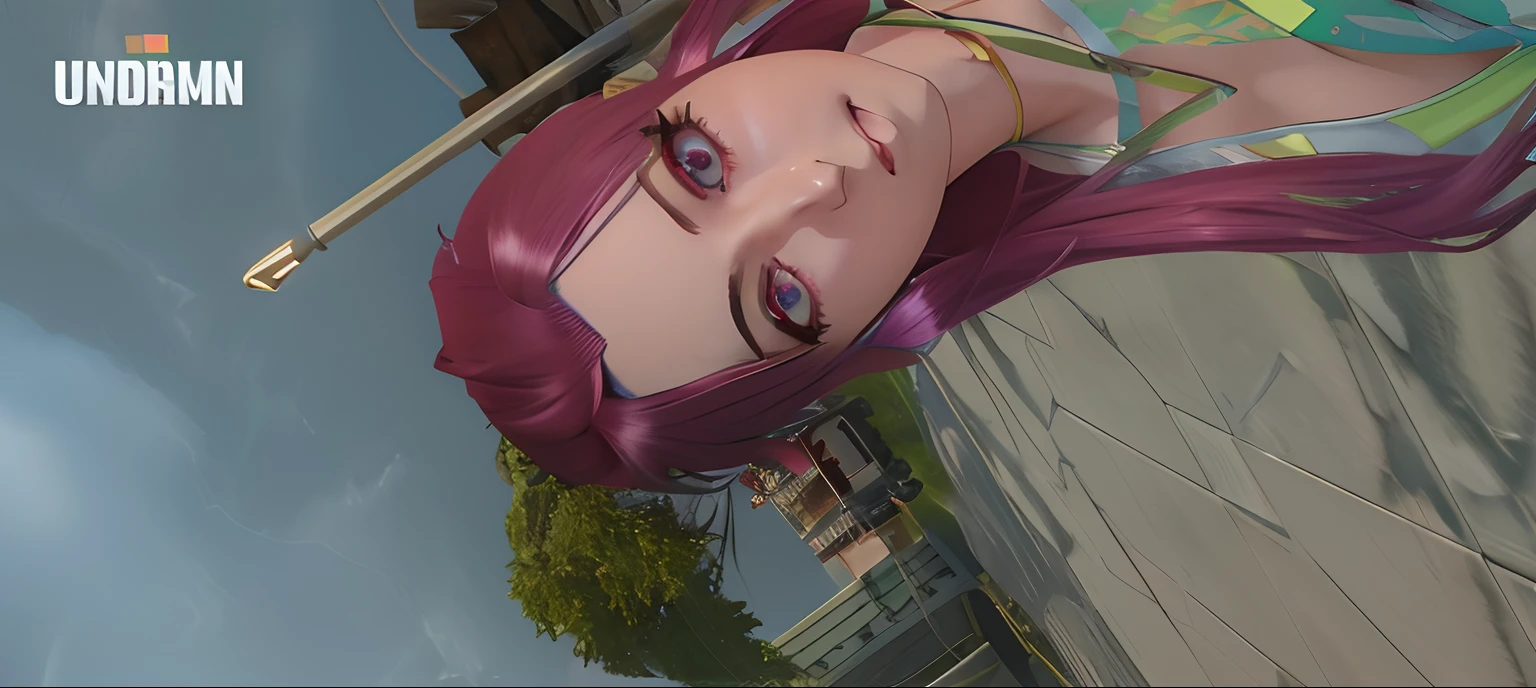 there is a woman with a purple hair and a green top, realistic anime 3 d style, pink twintail hair and cyan eyes, with very highly detailed face, detailed unblurred face, anime styled 3d, ingame image, [ 4 k photorealism ]!!, 3 d anime realistic, photorealistic screenshot, realism artstyle, face is highly detailed