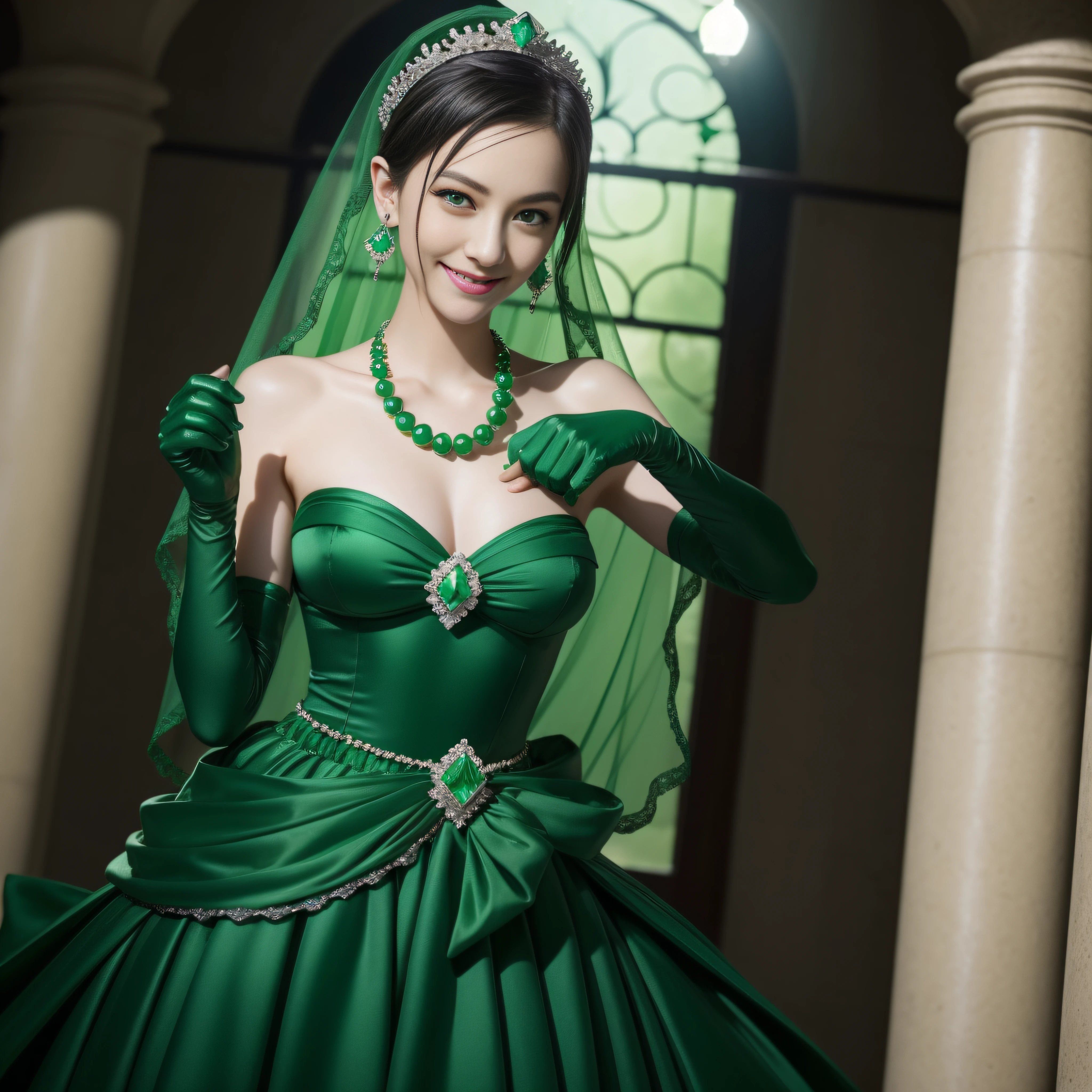 emerald tiara, Green Pearl Necklace, Boyish very short black hair, lipsticks, Japan woman smiling, very short short hair, big breasts beautiful, Green eyes, Long green gloves made of satin material, Green eyes, Emerald Earrings, The tattoo