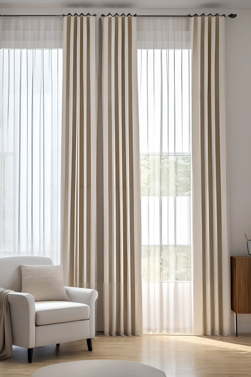 room, thick curtains, creamy white, large curtains, interior, interior design, modern, closed curtains, night, cozy, (masterpiece),(high quality), best quality, real, (realistic), super detailed, (full detail),(4k),8k