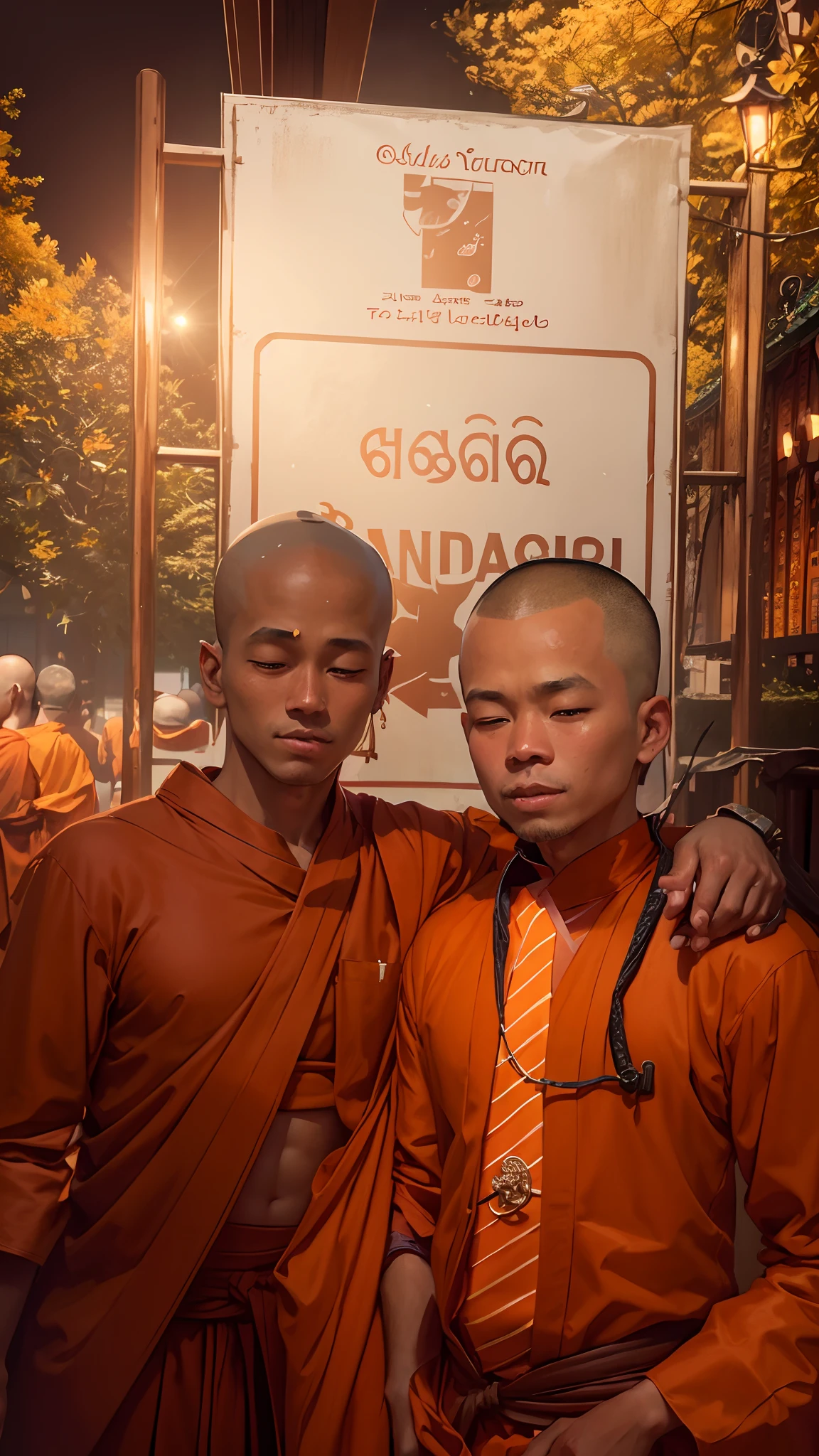 During Buddhist Lent, monks in Thailand meditate, wearing modest clothing but not wearing angsa. has clear muscles His face was handsome, smiling brightly and looking happy while meditating. Three people had their heads freshly shaved and their eyebrows shaved. The backdrop was a golden pagoda at night. There was a full moon floating in the middle of a sky filled with twinkling stars.