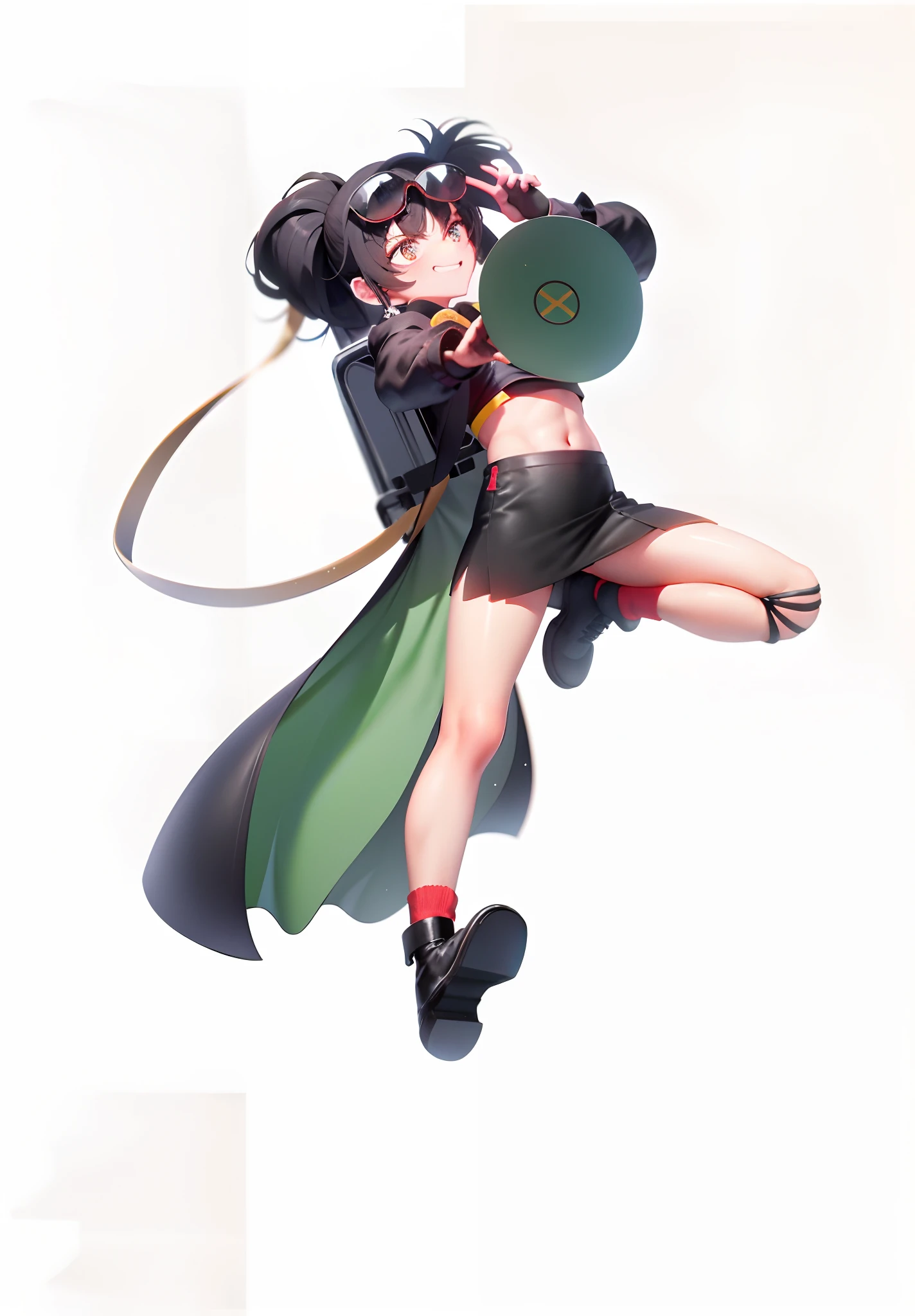 Best quality, Masterpiece, 超高分辨率, White background, , Black color hair,High ponytail, Golden pupils, coat large,backpacks,Large movements,Handsome,Anime girls,leather shoes,putting makeup on,Red-green sunglasses,grinning smile,Leg gauze,The right hand holds the megaphone,Left-handed shooting stance,Black suspenders,Black half-wrap skirt,Gray coat