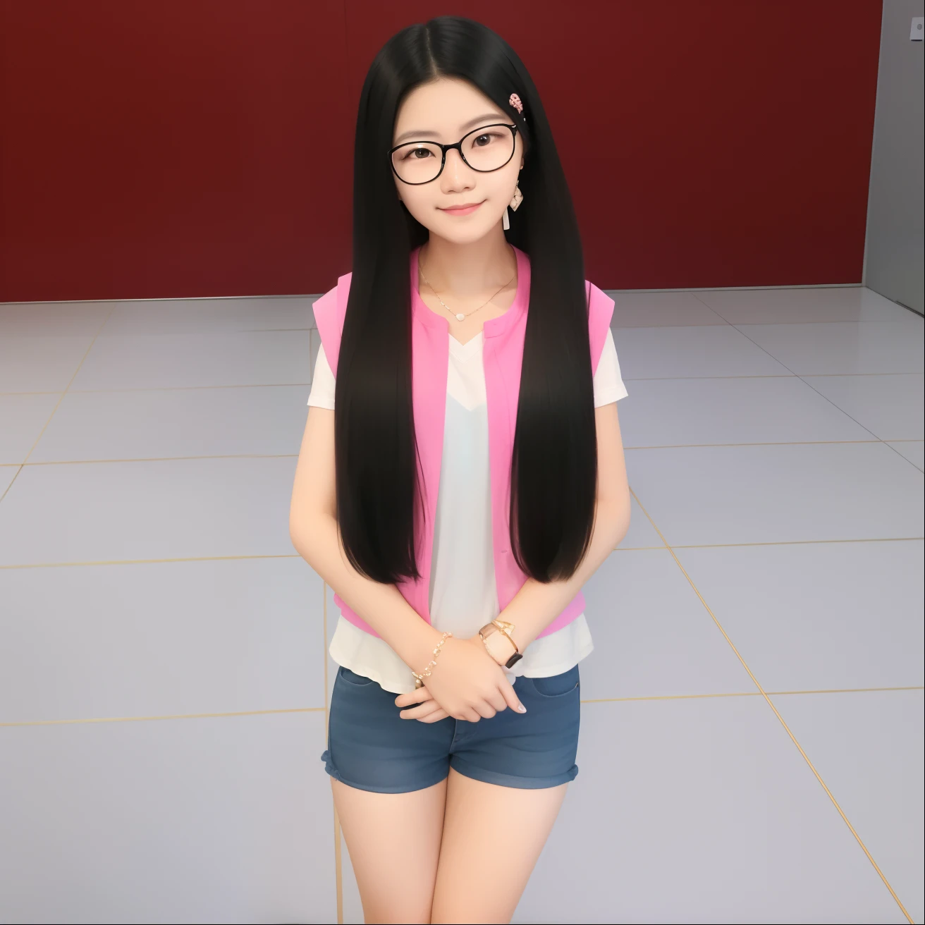 Girl with glasses and a pink vest standing in a room, inspirado em Sim Sa-jeong, adolescente hiperrealista, cabelo preto longo detalhado, inspirado por Kim Jeong-hui, inspirado em Ma Yuanyu, her black hair is a long curly, inspirado em Mei Qing, Pose casual, com cabelo preto liso, inspirado em Yukimasa Ida